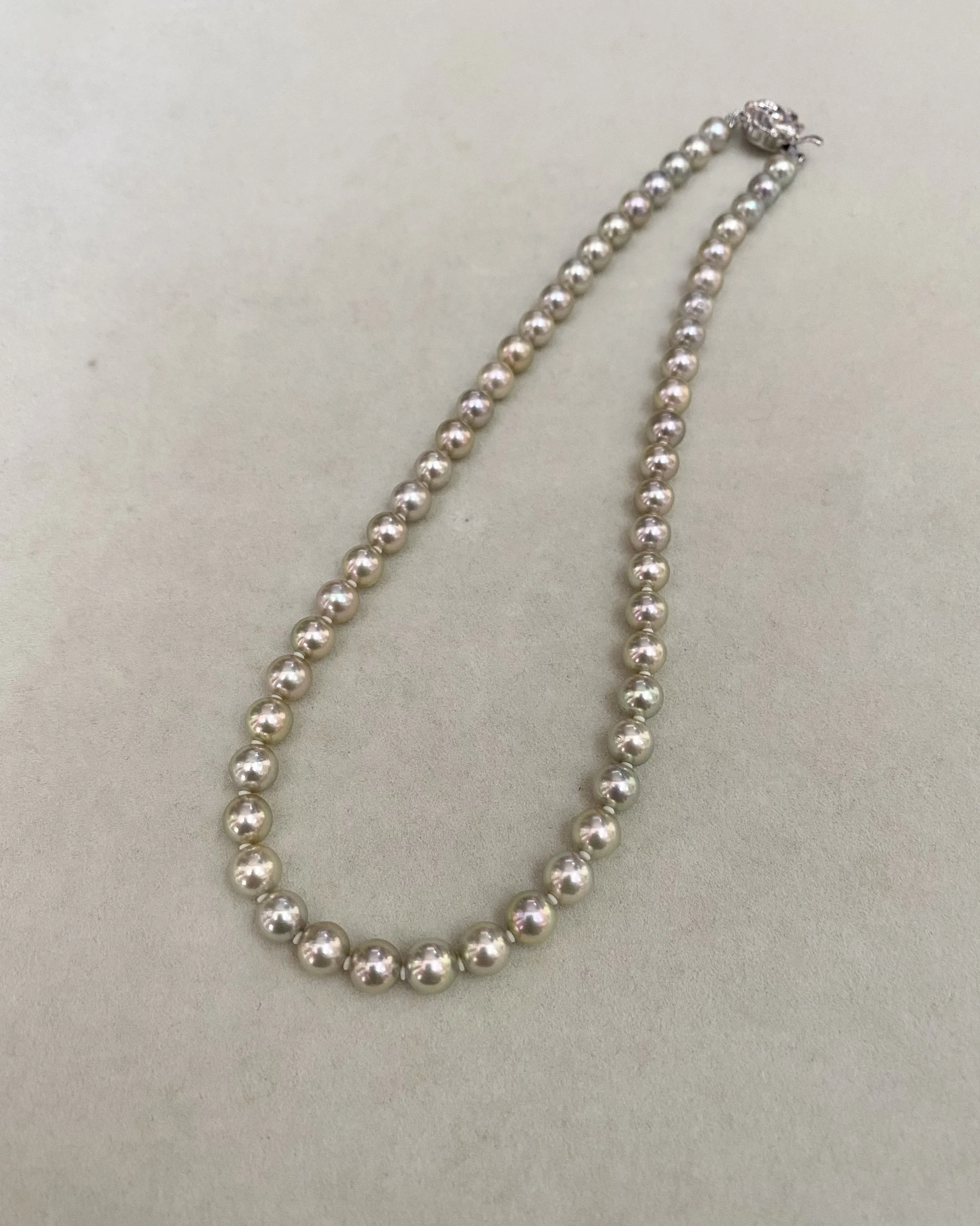 Rare Premium Silver-Grey Lemon-Green Japanese Madama Akoya Pearl Necklace 7.5mm, Pink Overtones, Sculptural Floral Clasp, Show Piece Starlit Pearls