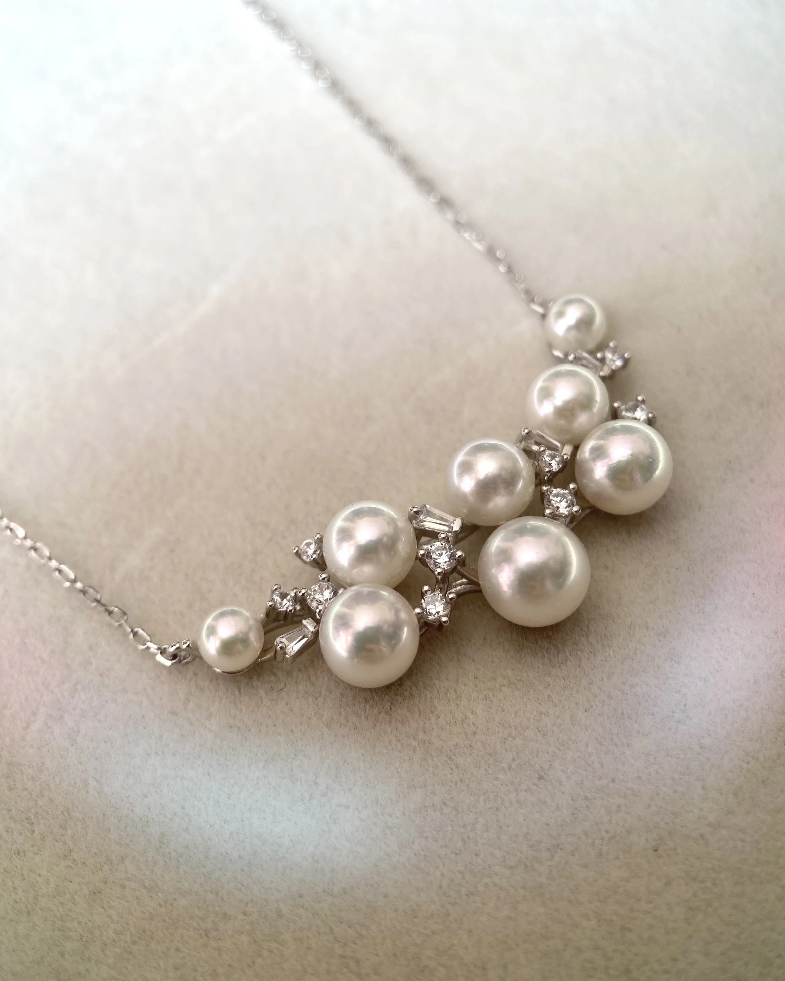 Snow White Japanese Pearl Artistic Cluster Necklace, 4–7mm Aurora Sairindama & Akoya, Sparkling S925 Silver Rolo Chain, Show Piece Starlit Pearls