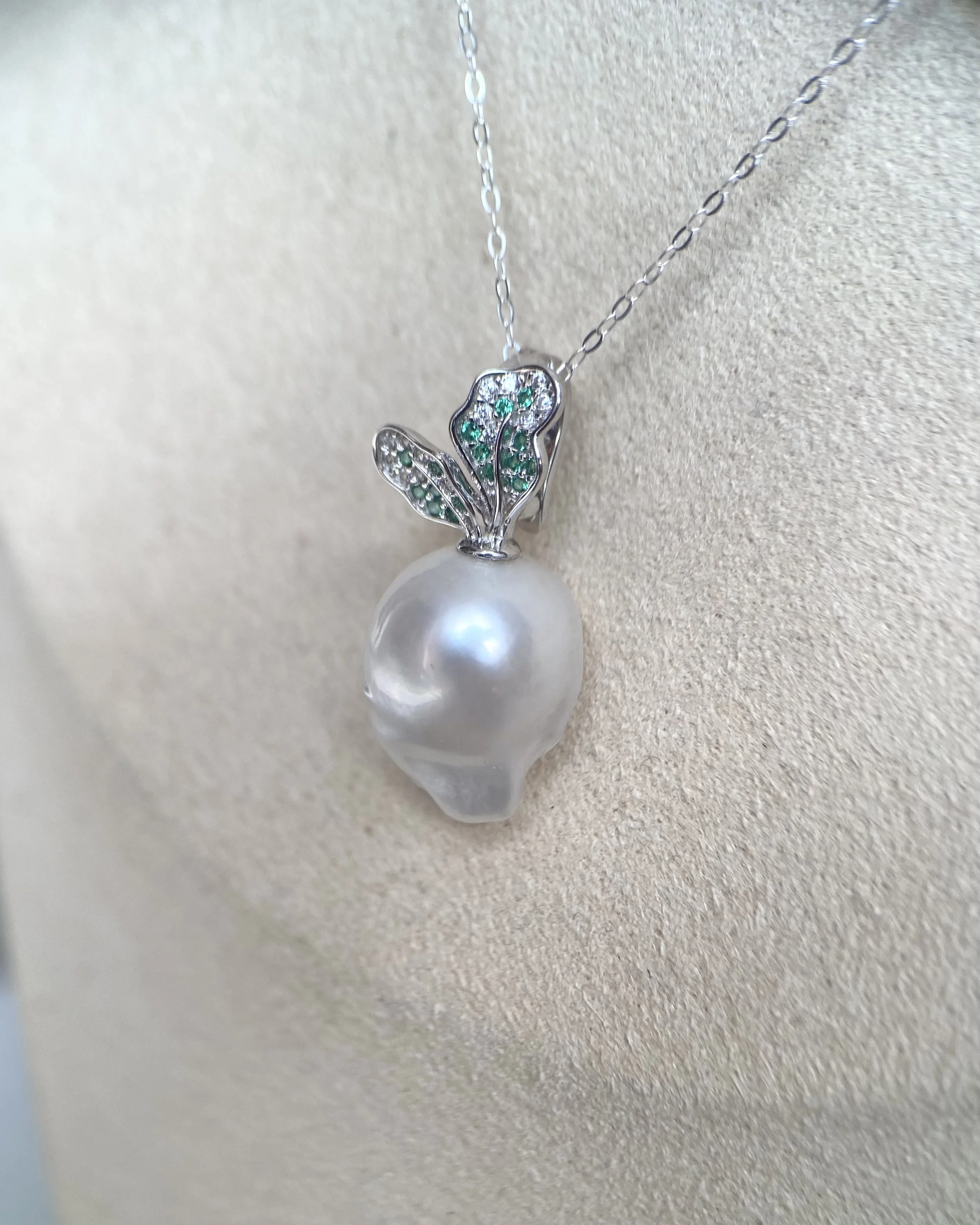 Rare 16mm Australian White South Sea Baroque Pearl Radish Pendant, Sculptural Botanical Design, Japanese S925 Silver CZ Hinged Bail Starlit Pearls