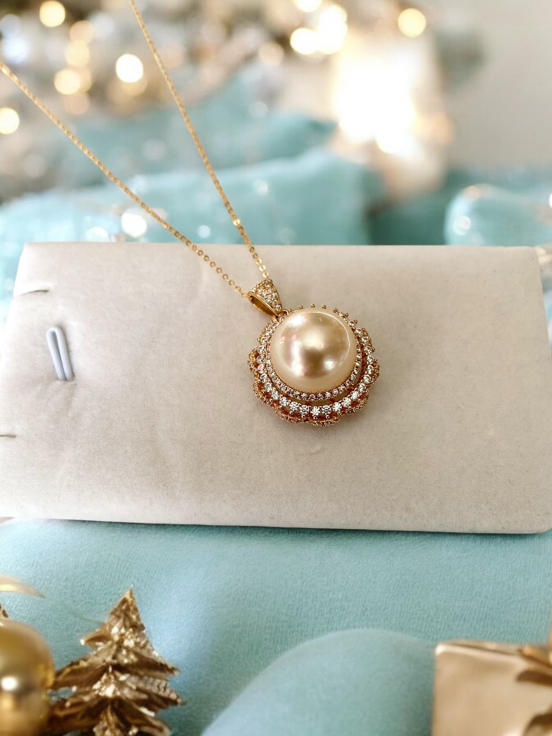 Stunning 13mm Phoenix Australian Golden South Sea Pearl Pendant, Satin Lustre, Rare Rotating Wheel of Fortune Setting, Jewellery Showpiece Starlit Pearls