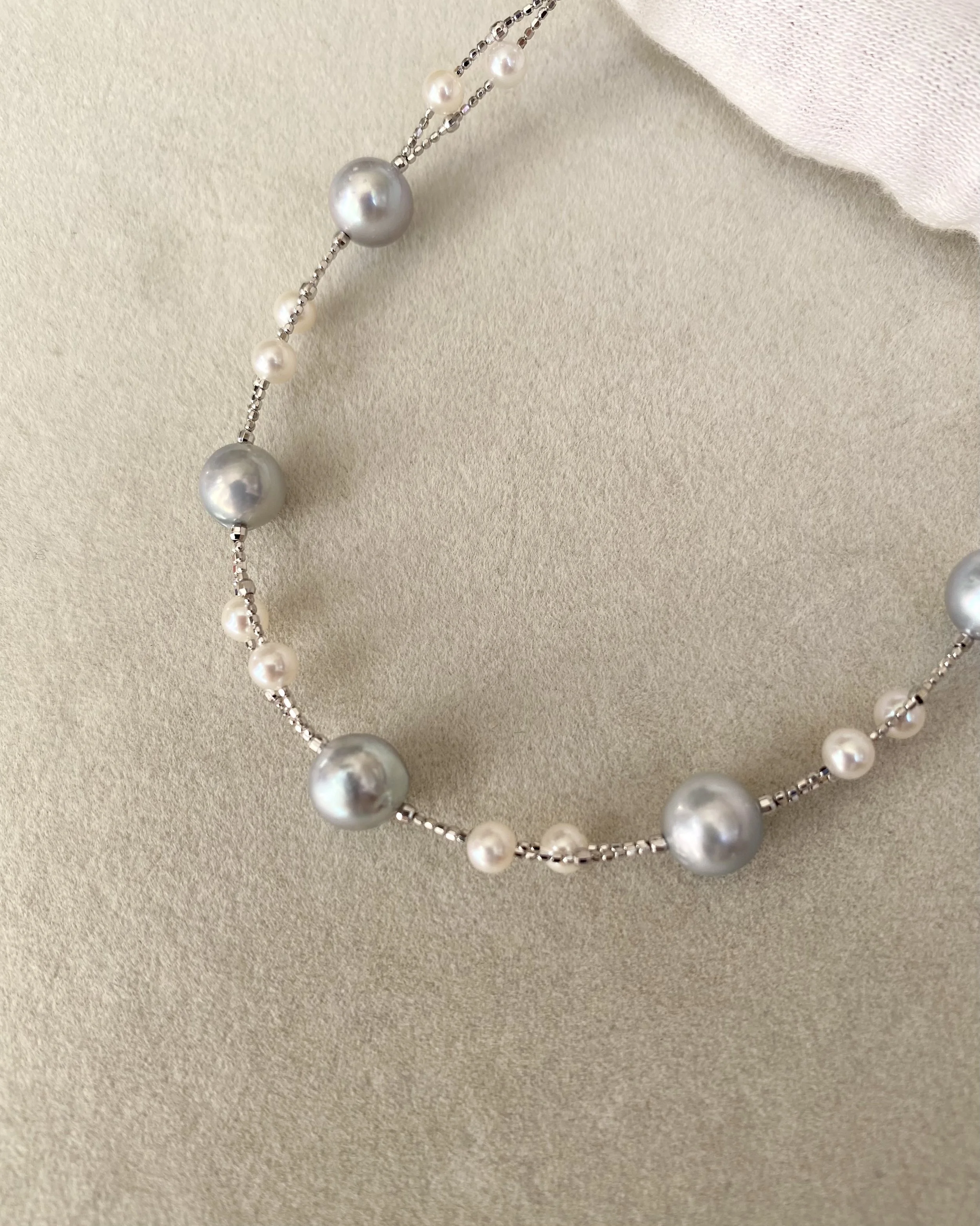 'Celestial Drift' Natural Silver-Grey Japanese Madama Akoya & Mini White Pearl Double-Strand Necklace 7–8mm/3mm, Japanese S925 Silver Starlit Pearls