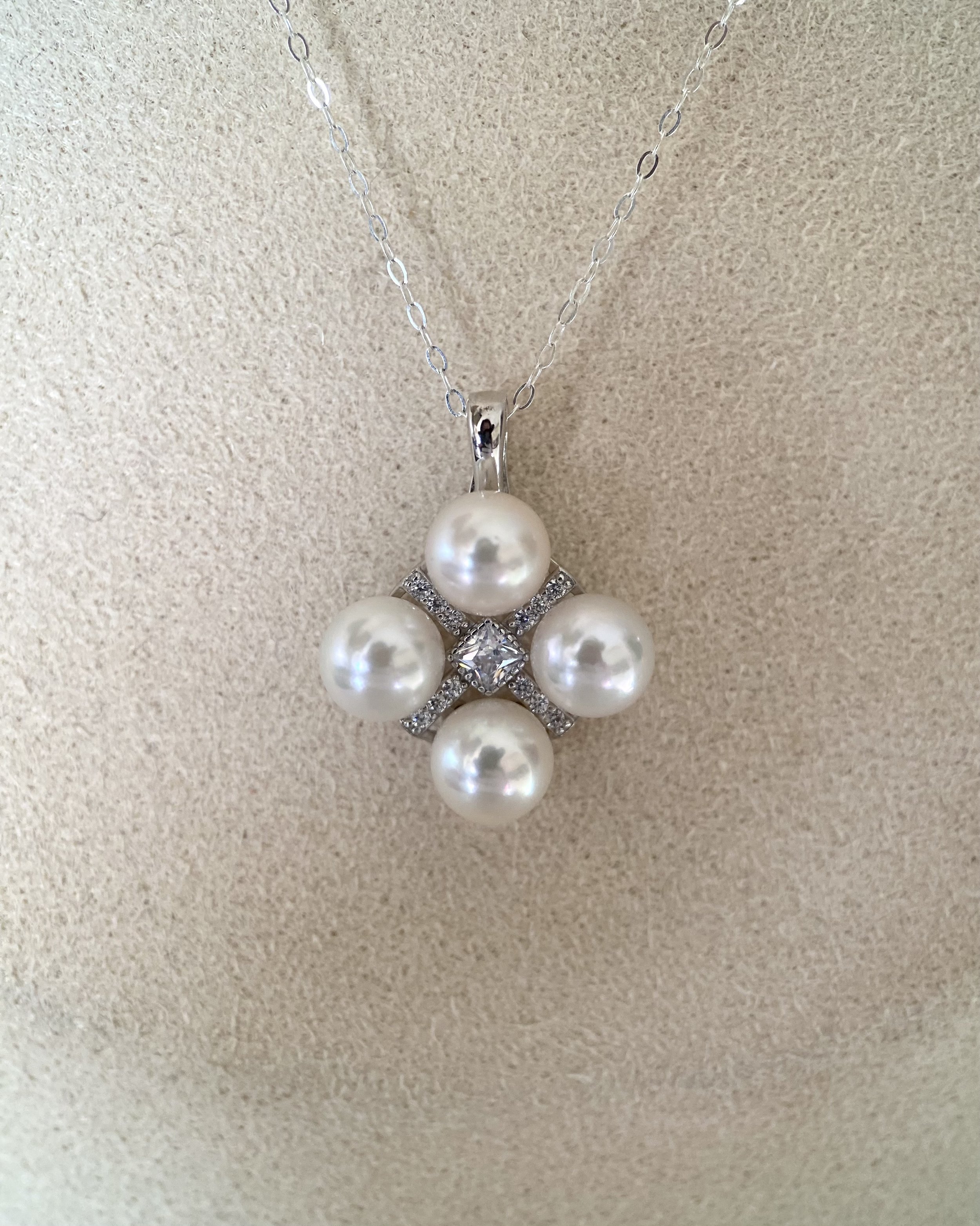 White Japanese Four-Akoya Pearl Floral Cross Pendant 6.2mm, Pink Overtones & Luminous Lustre, S925 Silver Openable Bail, Gift for Her