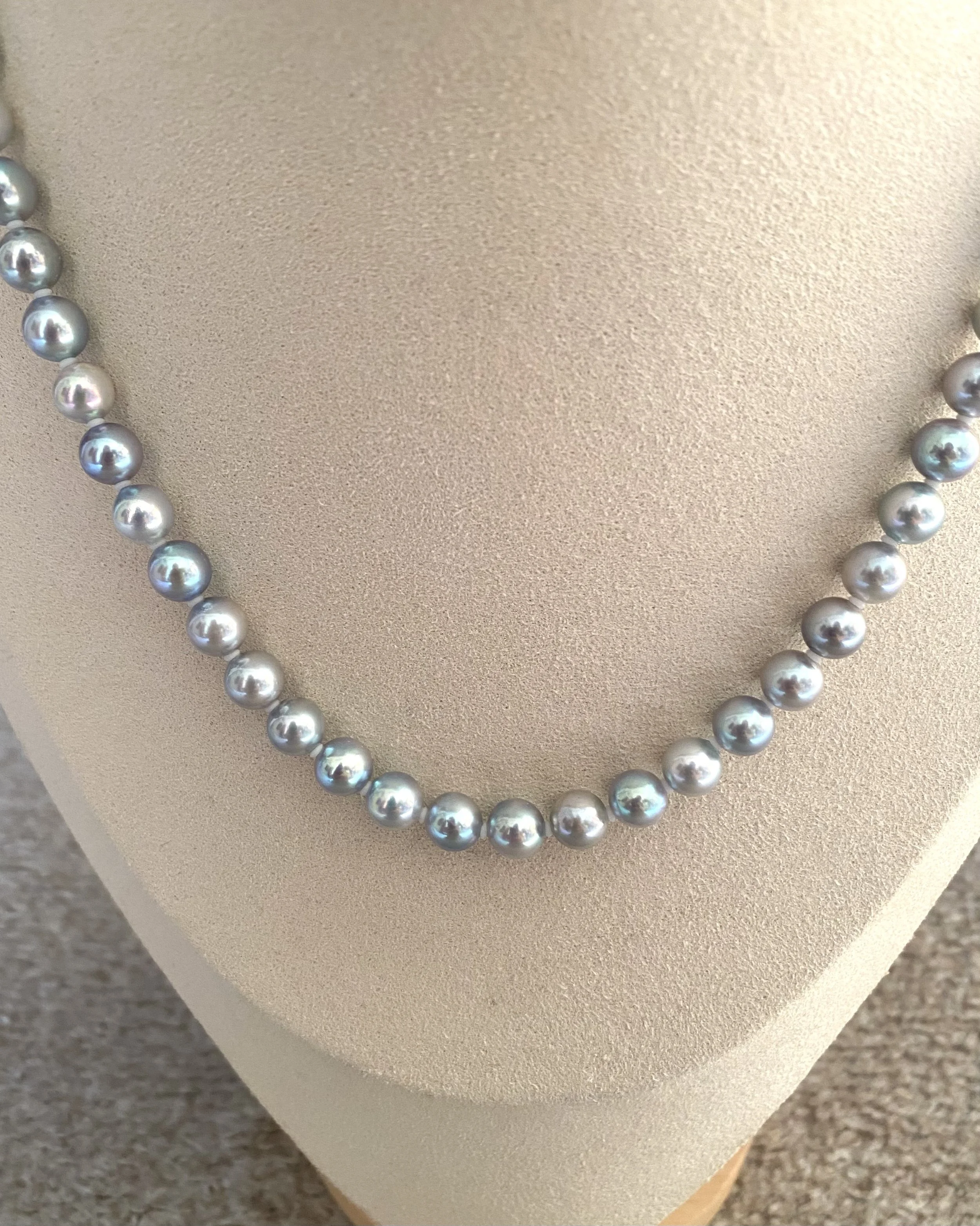 Ultra-Rare Japanese Metallic Electric-Blue Madama Akoya Pearl Necklace, 7–7.5mm, Rainbow Overtones & High-Mirror Lustre – S925 Silver Clasp Starlit Pearls