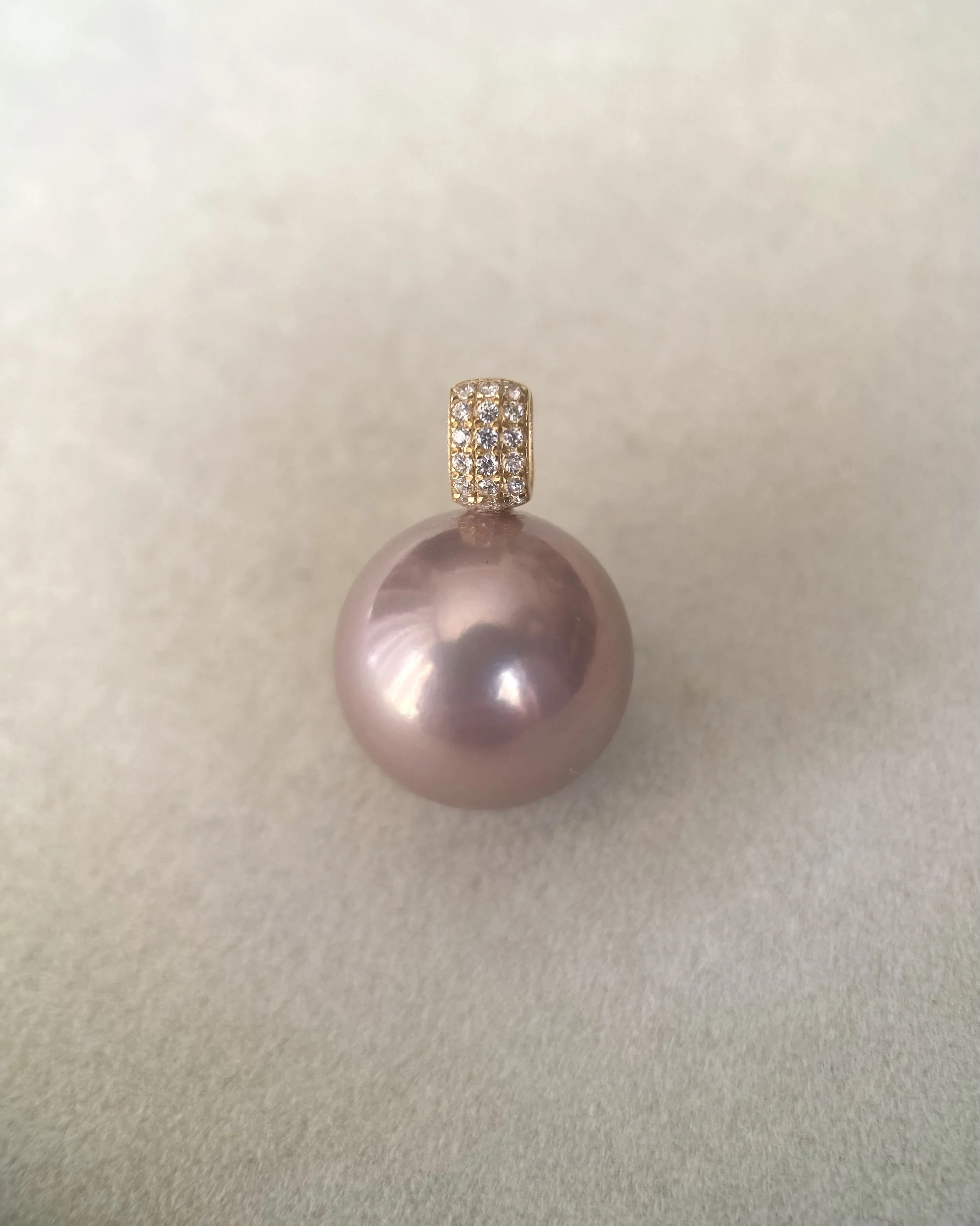 13.5mm Giant Antique Fuchsia Freshwater Pearl Pendant, Heavy 18K Solid Gold Pavé Bail, Mirror-Lustre, Round Statement Purple Pearl Starlit Pearls