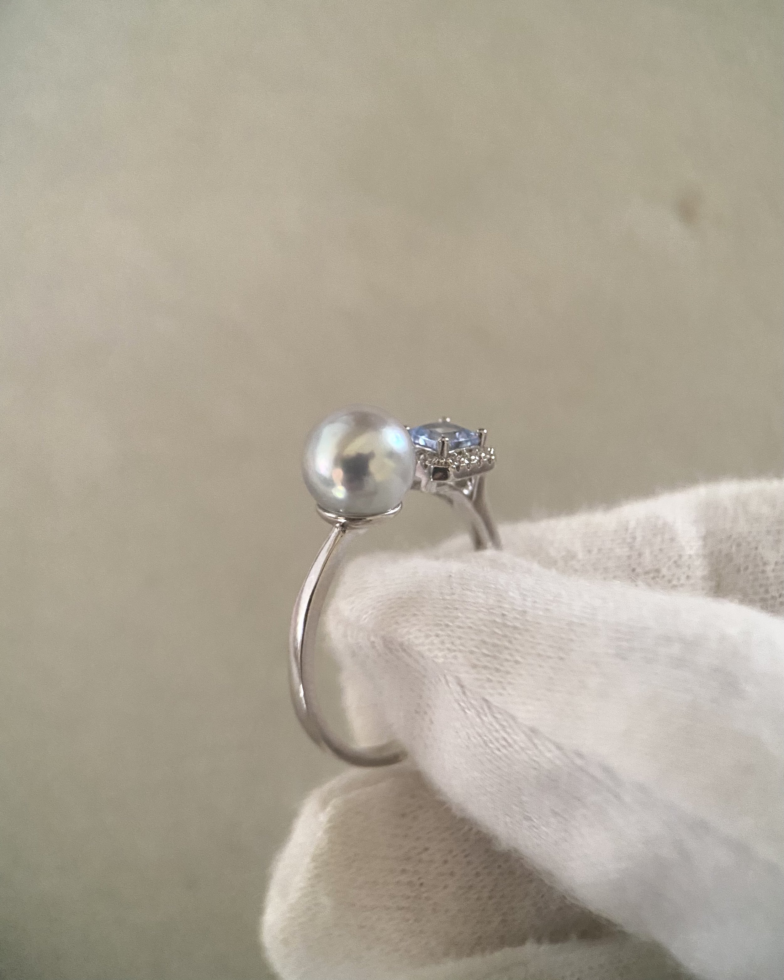 Premium Japanese Silver-Grey Blue Madama Akoya Pearl Open Ring 7.5mm, Ice-Blue Princess-Cut CZ, Adjustable S925, Exhibition Piece Starlit Pearls