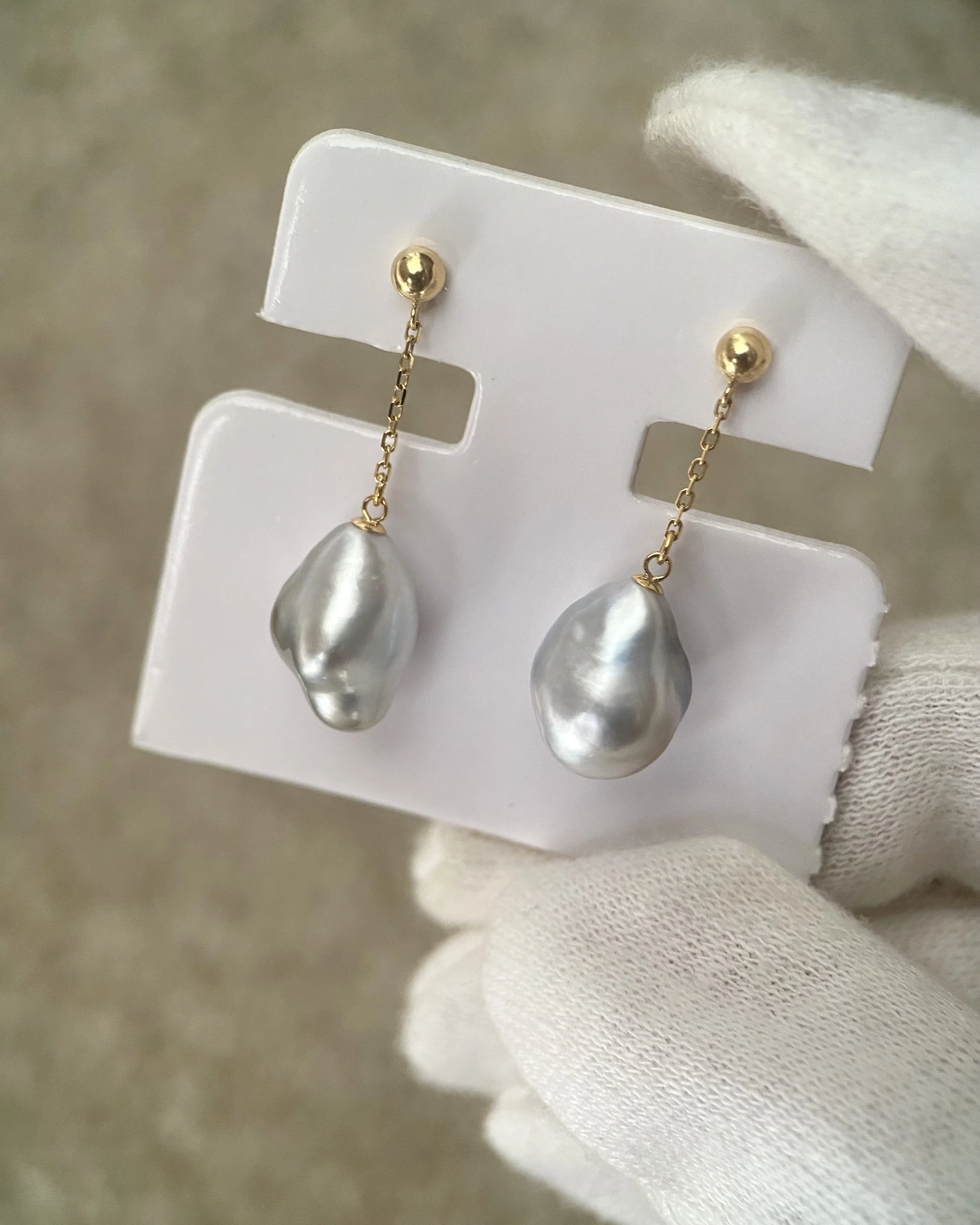 Rare Australian Icy Silver South Sea Baroque Pearl Drop Earrings 11–12mm, Satin Lustre, Solid 18K Gold Fittings, Wind-Sway Design Starlit Pearls