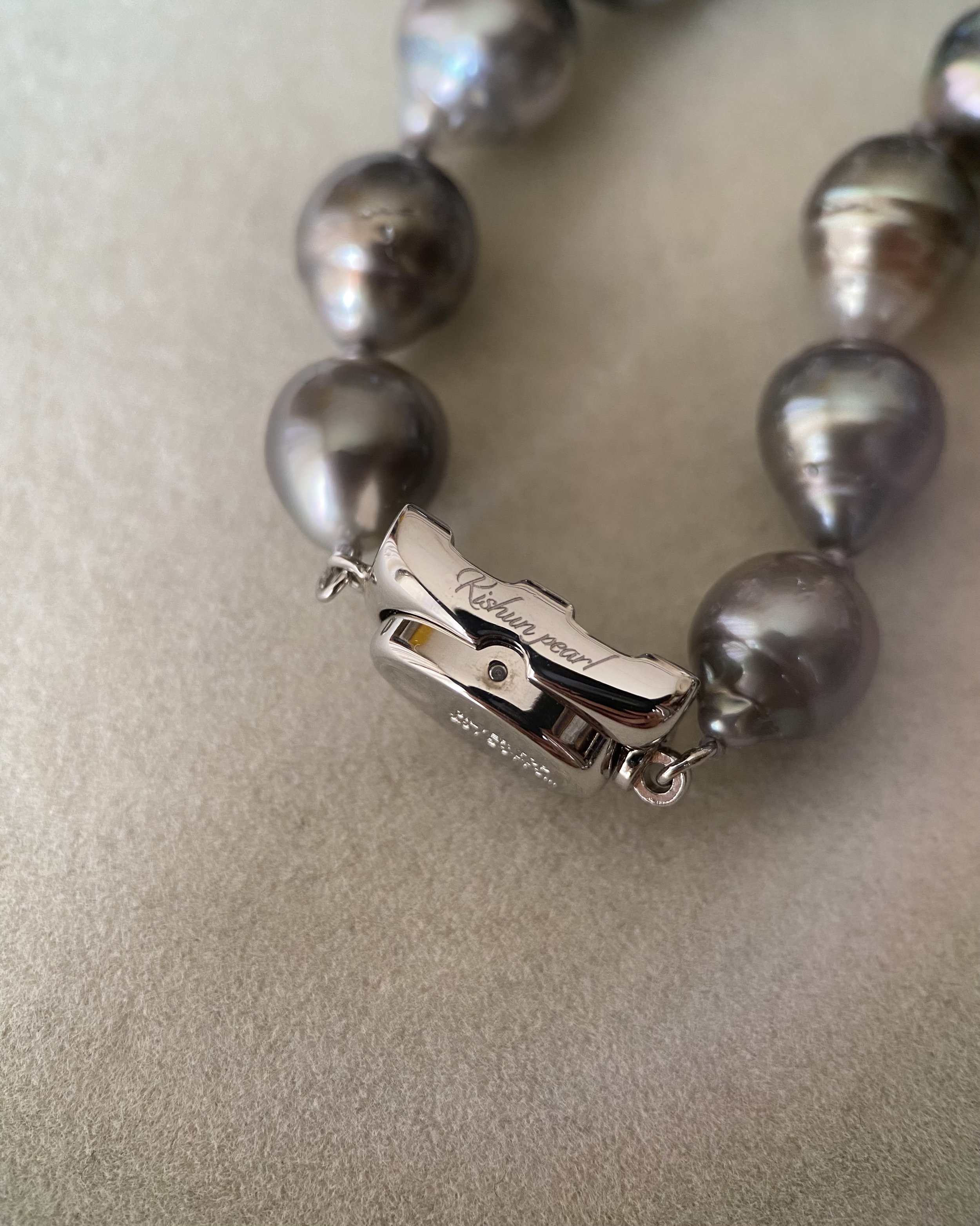 PSL Certified Tahitian South Sea Baroque Pearl Necklace 8–12mm, Platinum Grey w/ Iridescent Overtones, Geometric Patent Silver Clasp Starlit Pearls