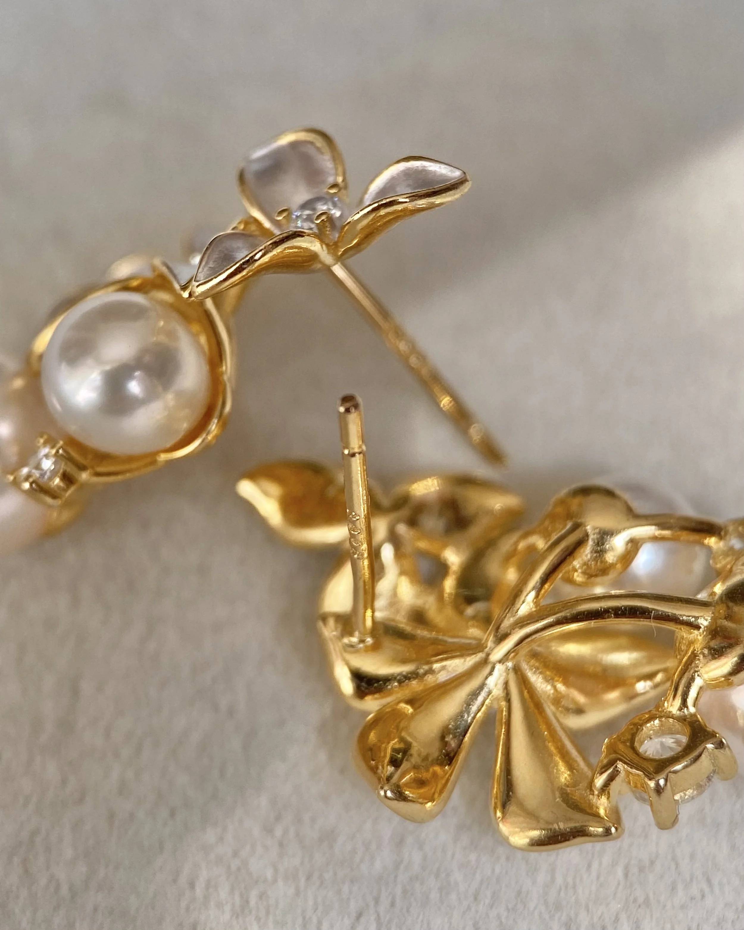 6A Japanese White Akoya Pearl Sculptural Floral Earrings, Aurora Sairindama, Satin Petal Design, S925 Silver & CZ, Exhibition Piece Starlit Pearls