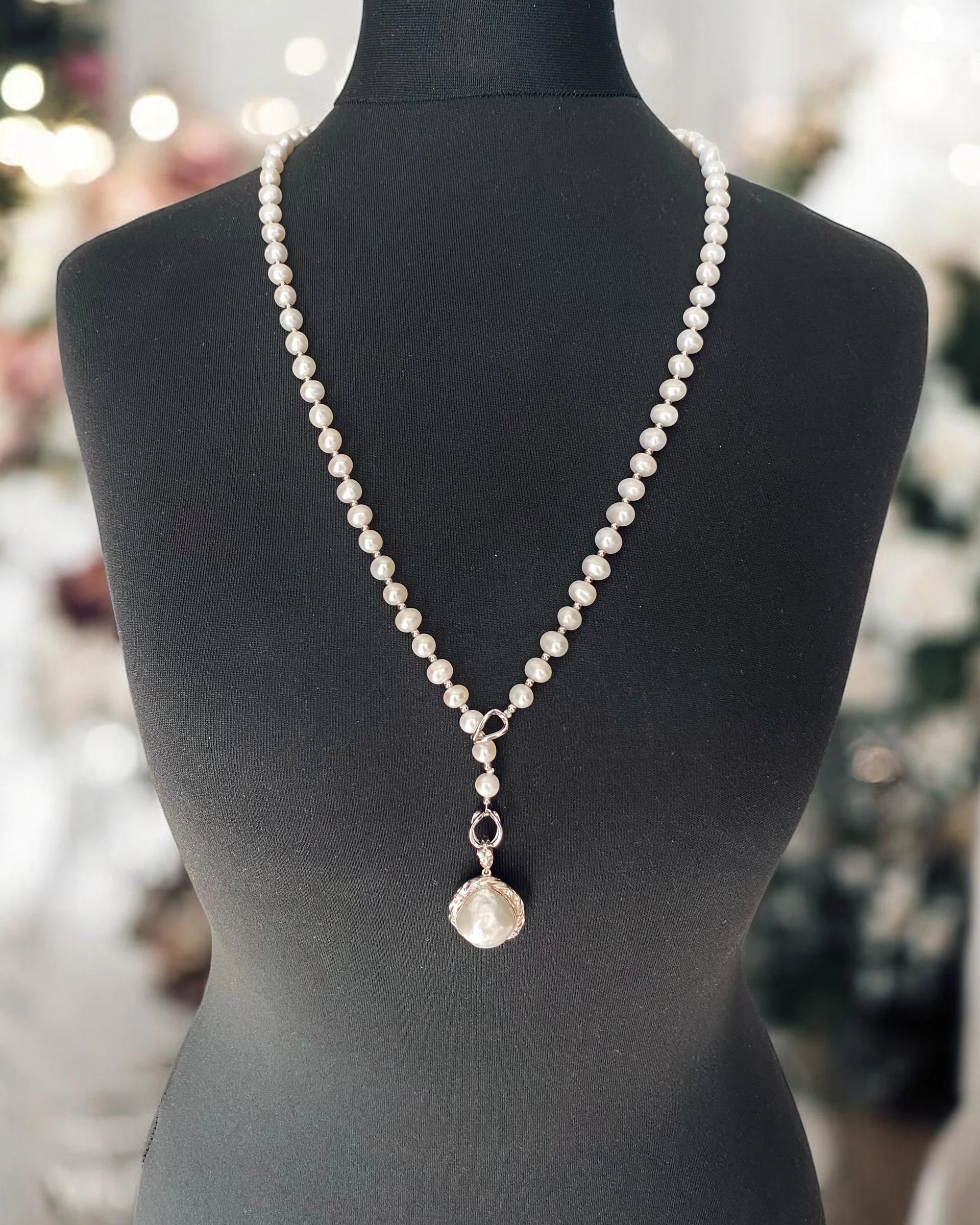 29" Long Classic White Nucleus-Free Freshwater Keshi Pearl Necklace 8mm, S925 Silver Spacers & Double-Opening Clasp, 4 Ways to Wear