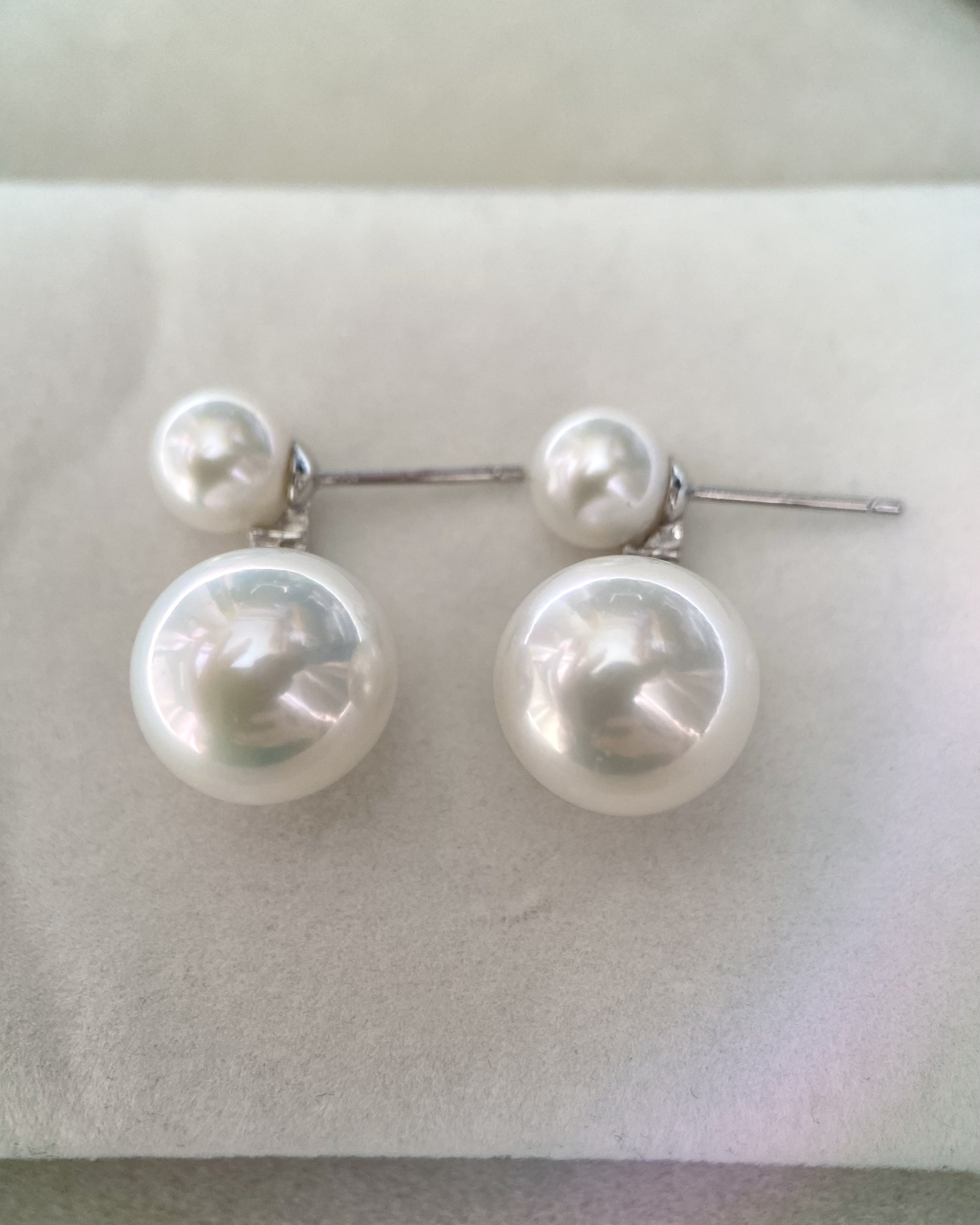 Top Crystal-Clear Cool-Toned Lustre_Genuine 7.5mm/12.5mm Snow White Freshwater Double Pearl Earrings, S925 Silver & CZ, Graceful Dangle Design Starlit Pearls