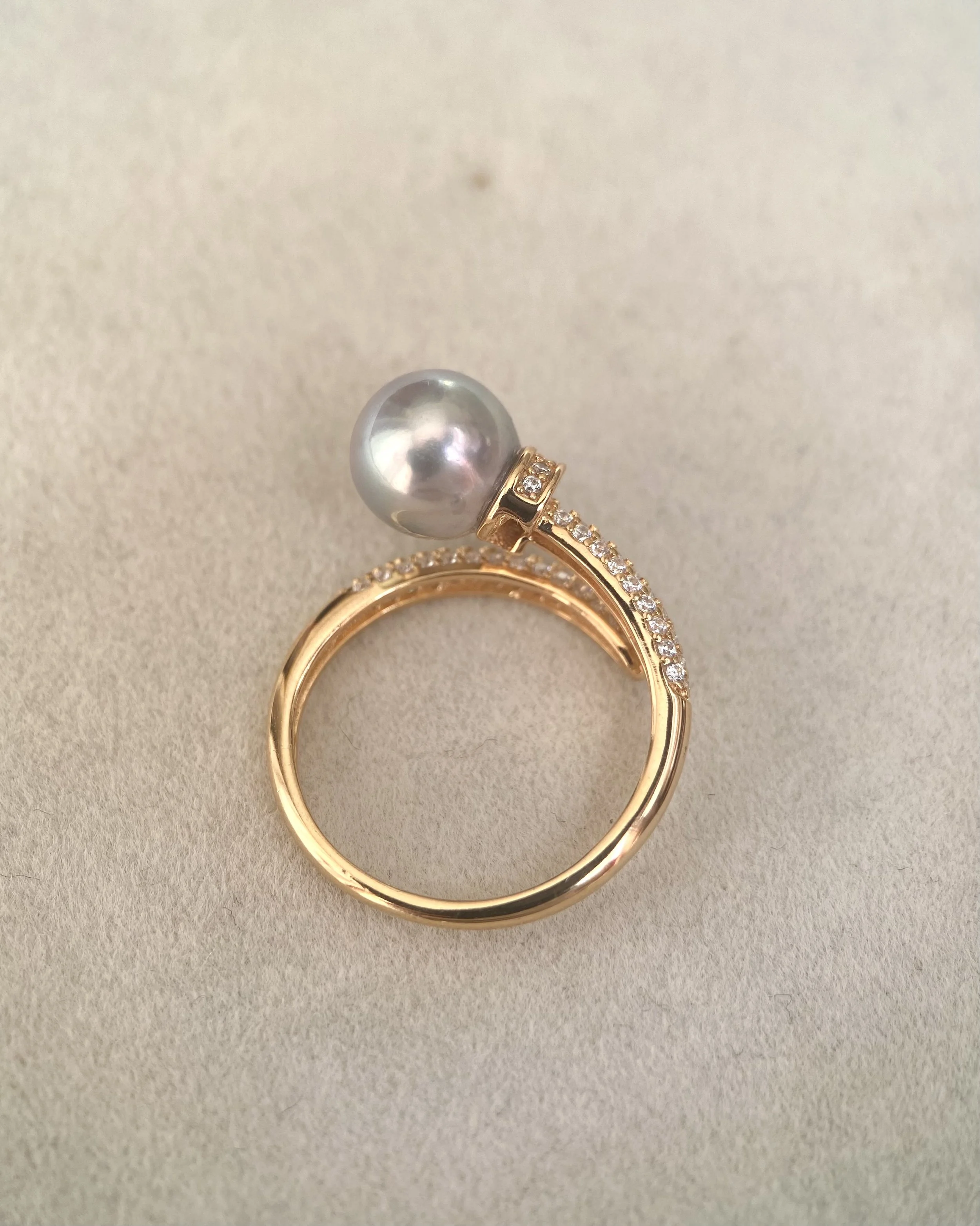 Premium 8.3mm Natural Silver-Grey Blue Japanese Madama Akoya Pearl Nail Ring, Mirror Lustre, S925 & Pavé CZ, Adjustable, Show Piece Starlit Pearls