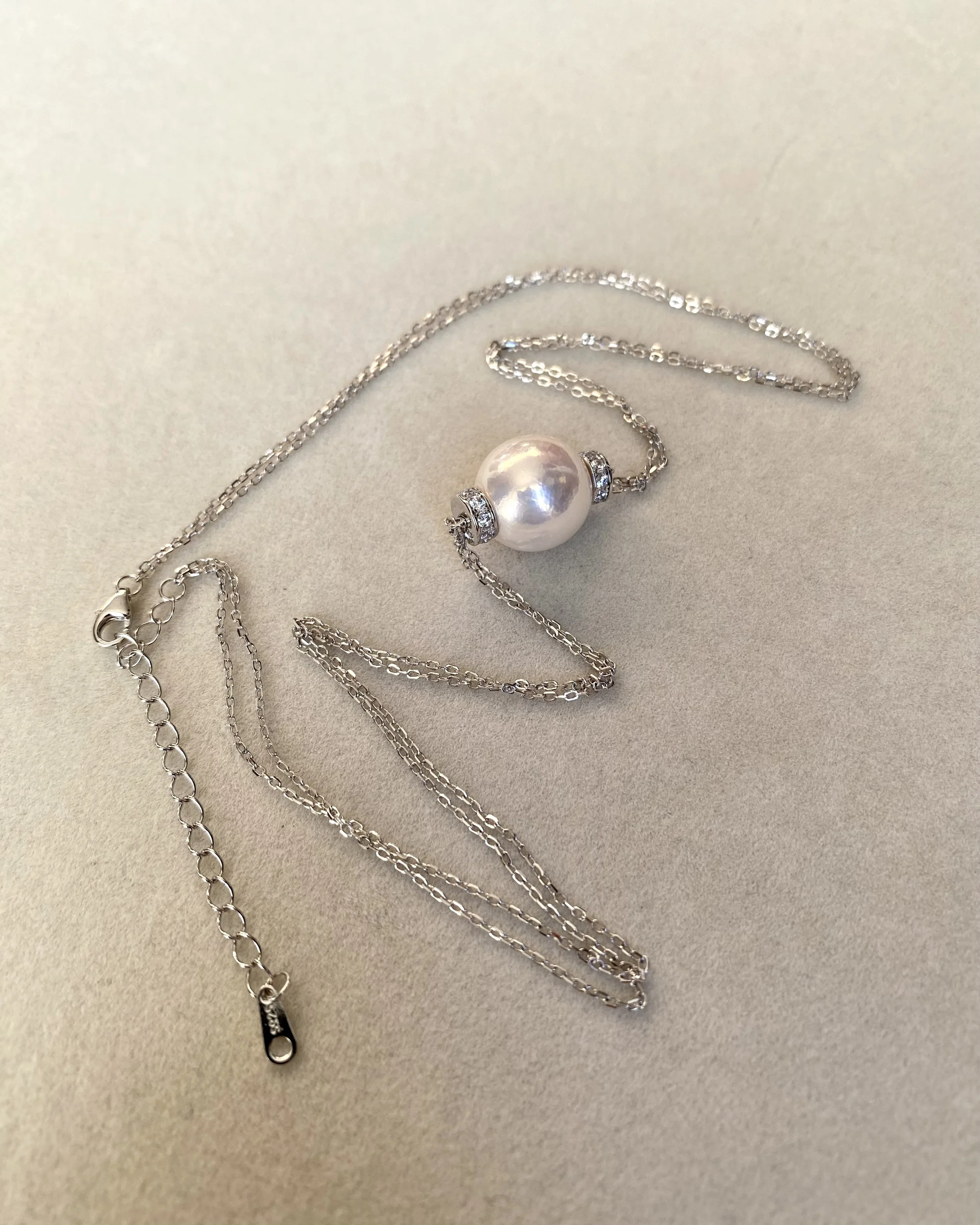 12.5–13mm Radiant White Freshwater Pearl Pendant Necklace, Soft Pink Overtone, Japanese Twin-Chain in S925 Silver, 19" Long, Wedding Starlit Pearls