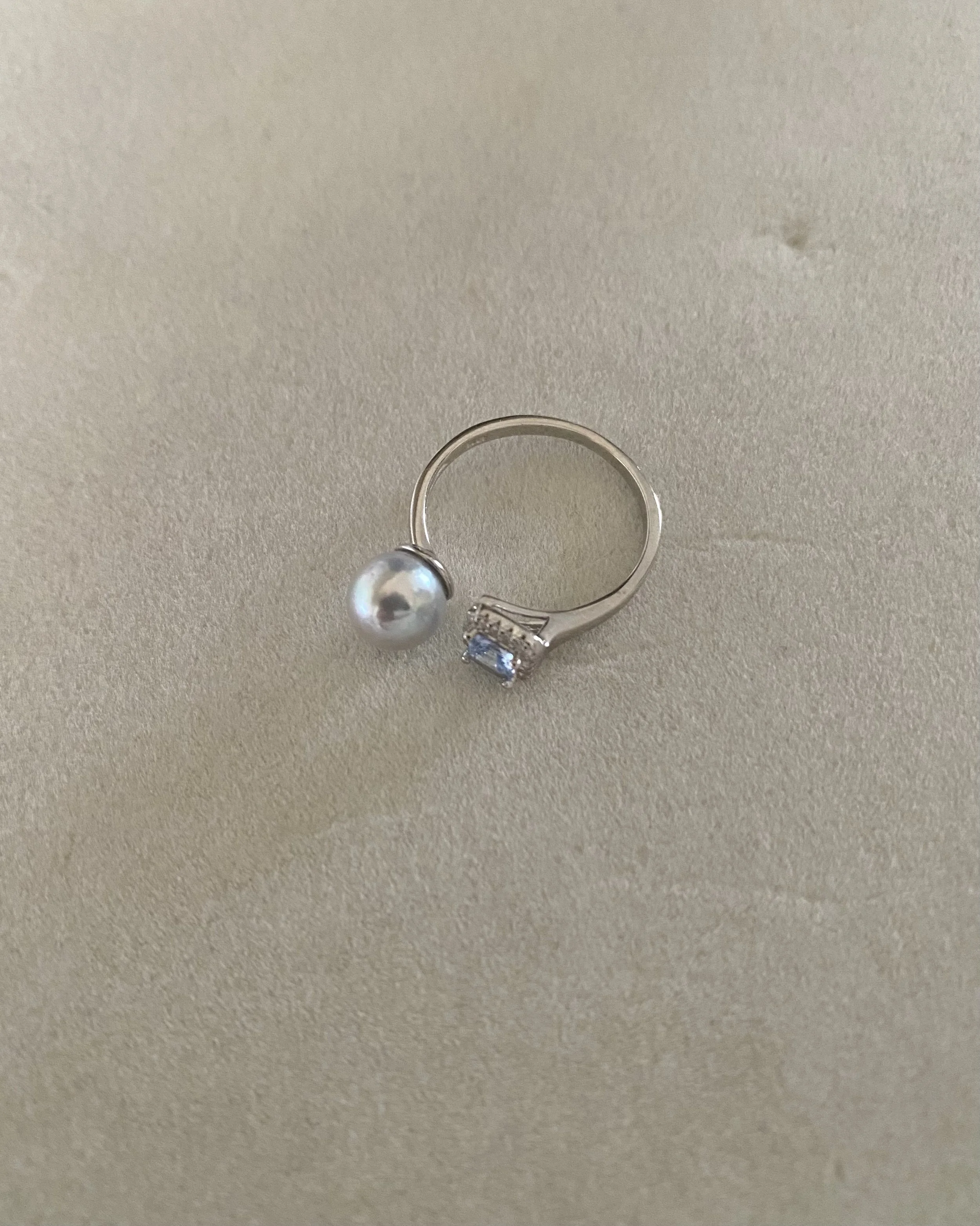 Premium Japanese Silver-Grey Blue Madama Akoya Pearl Open Ring 7.5mm, Ice-Blue Princess-Cut CZ, Adjustable S925, Exhibition Piece Starlit Pearls