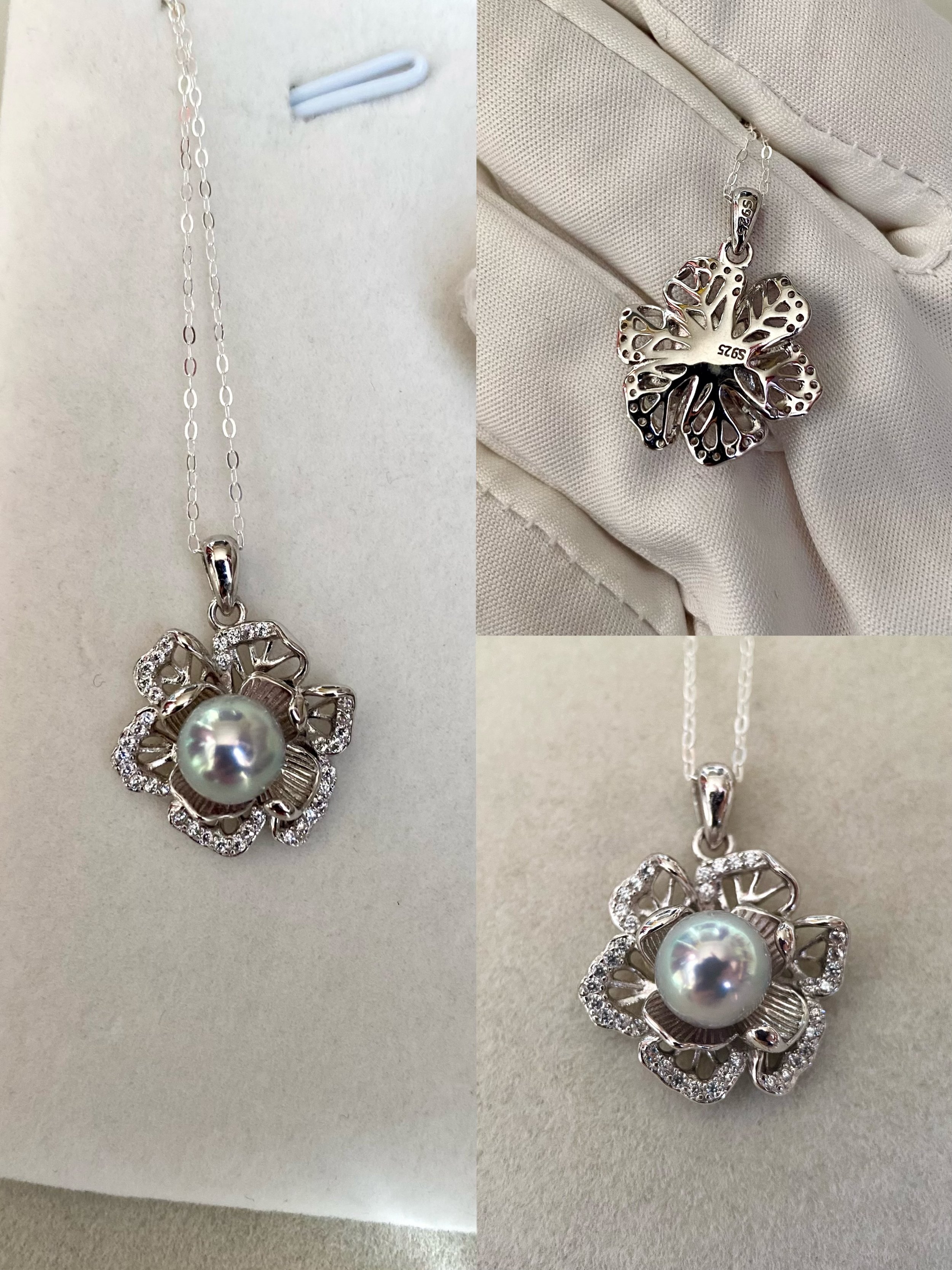 Top-Quality 7-7.5mm Japanese Madama Akoya Pearl Pendant, Silver-Grey with Rare Green Pink Overtones, Sakura Openwork Design, Made in Japan Starlit Pearls
