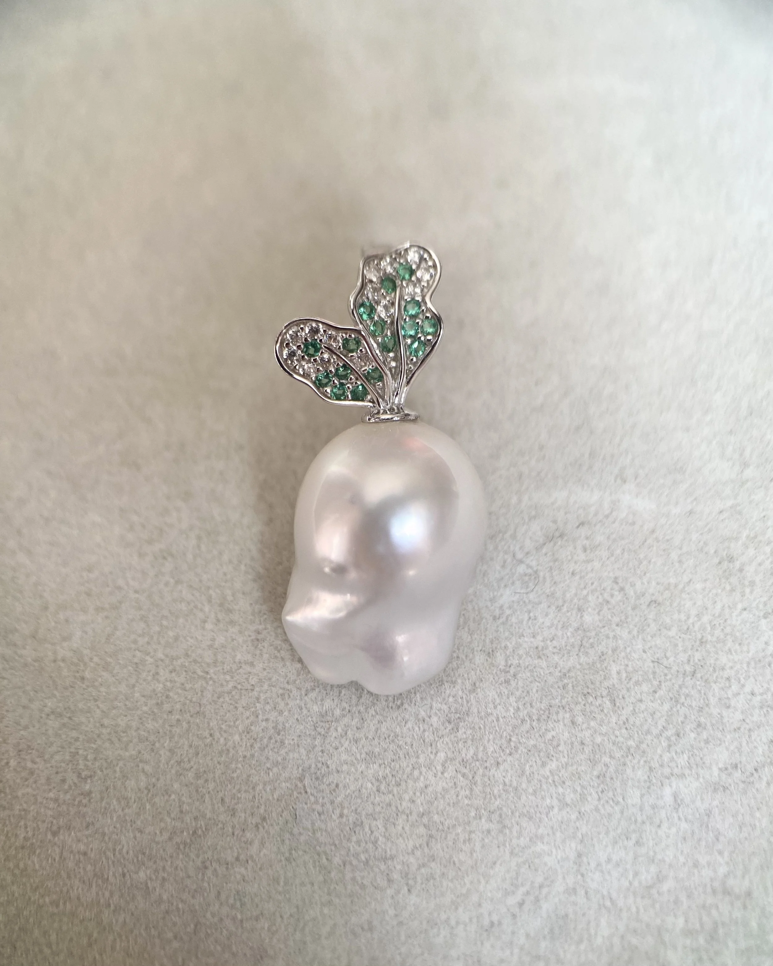 Rare 16mm Australian White South Sea Baroque Pearl Radish Pendant, Sculptural Botanical Design, Japanese S925 Silver CZ Hinged Bail Starlit Pearls