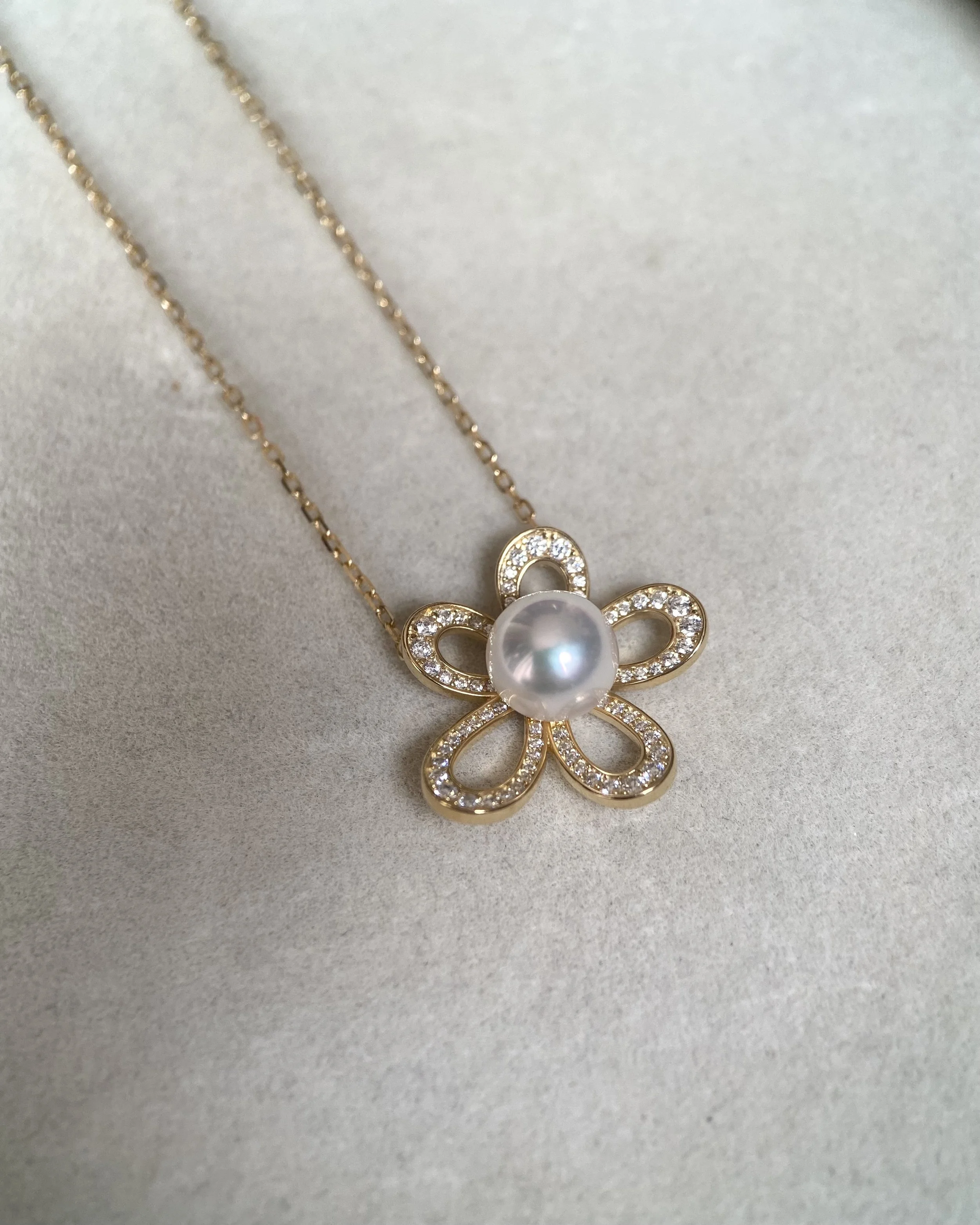 Japanese Akoya Pearl Flower Necklace 7.5mm, Flawless 6A White-Pink Pearl, S925 Silver Flowing Floral Design with CZ, Exhibition Piece Starlit Pearls