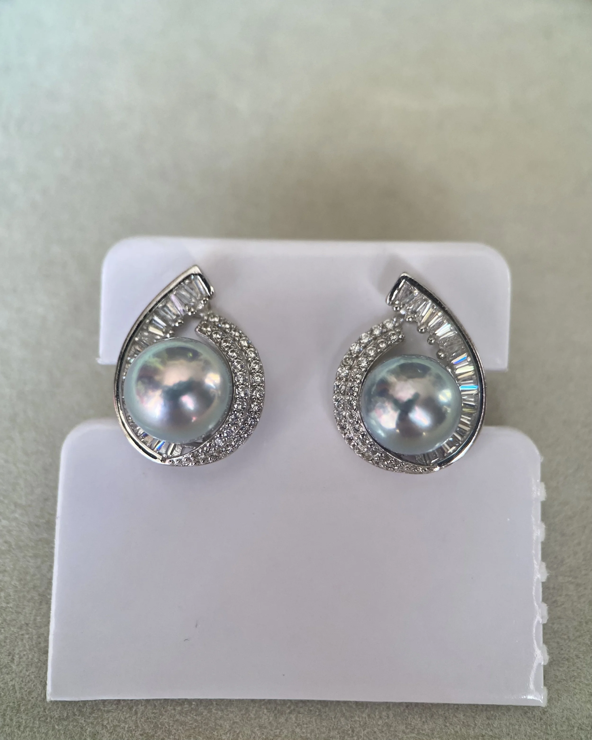 Japanese Silver Grey Madama Akoya Pearl Earrings 8–8.3mm, Iridescent Overtones, S925 Silver Teardrop Baguette Design, Exhibition Piece
