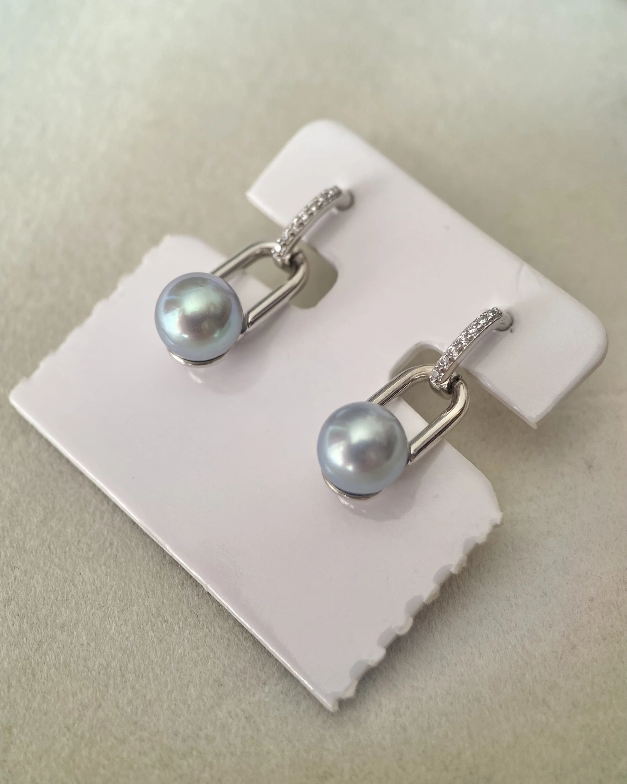 Natural Icy Blue Japanese Madama Akoya Pearl Link Drop Earrings 7.2–7.3mm, Pavé CZ Two-Part S925 Silver, Japan Jewellery Show Piece Starlit Pearls