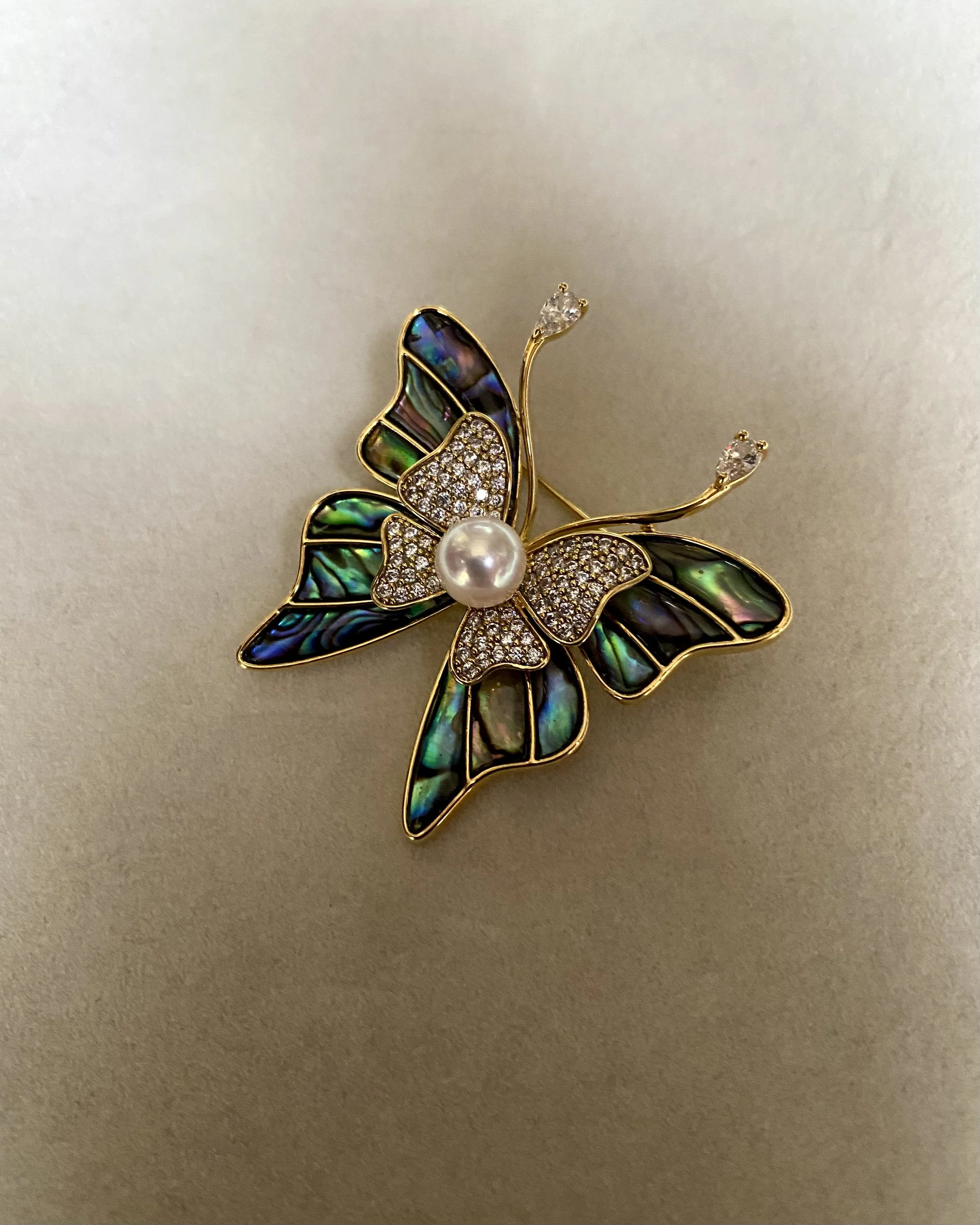 6A Japanese 7.5-8mm White Koshimono Akoya Pearl Brooch, Dreamy Pink Overtone, Luxurious Abalone Shell Butterfly Wings w Sparkling CZ Accents Starlit Pearls
