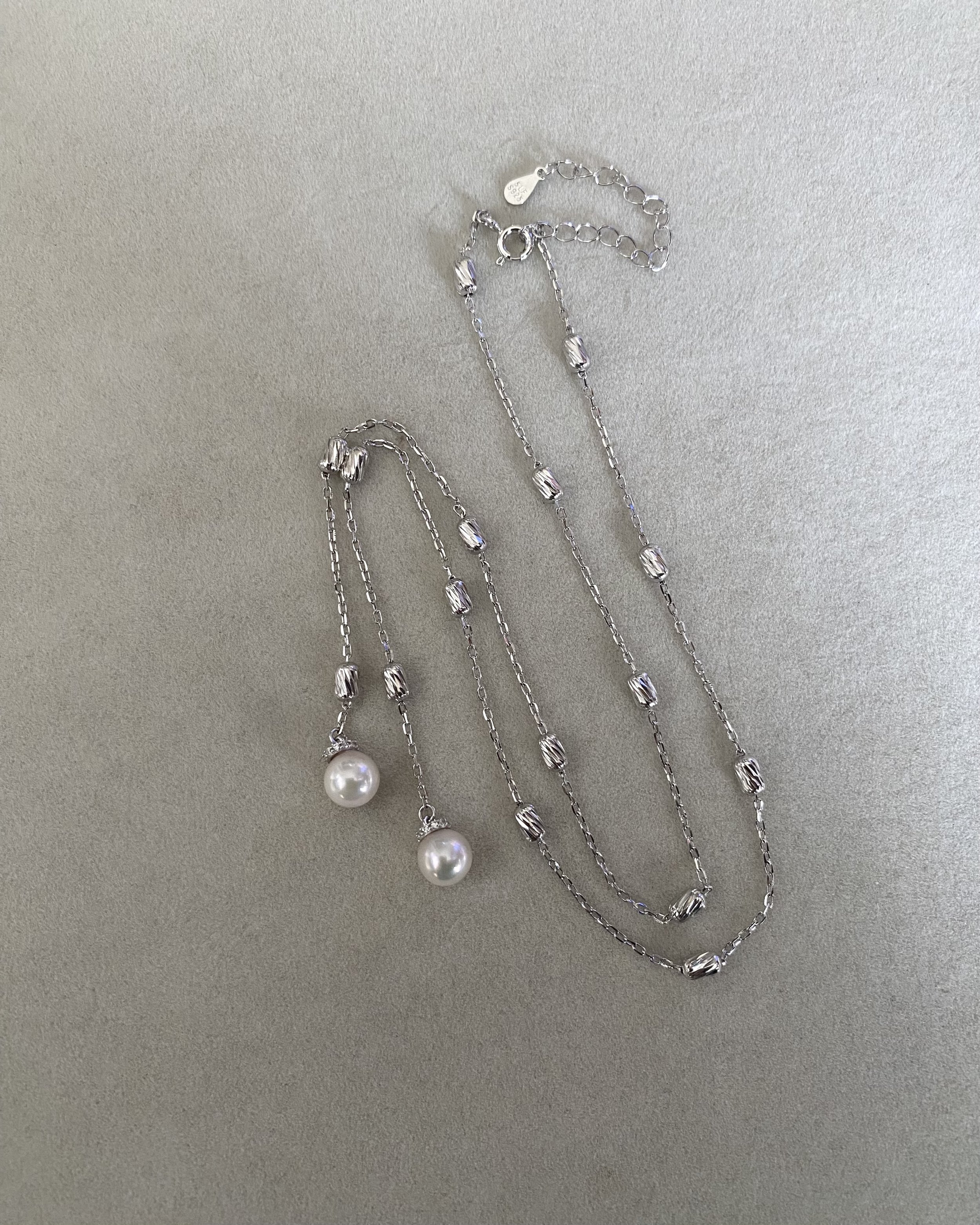 Original Japanese-Finished 6.5–7mm Classic White Akoya Pearl Y Necklace – S925 Silver Sparkling Textured Bead Chain, Double-Drop Design Starlit Pearls