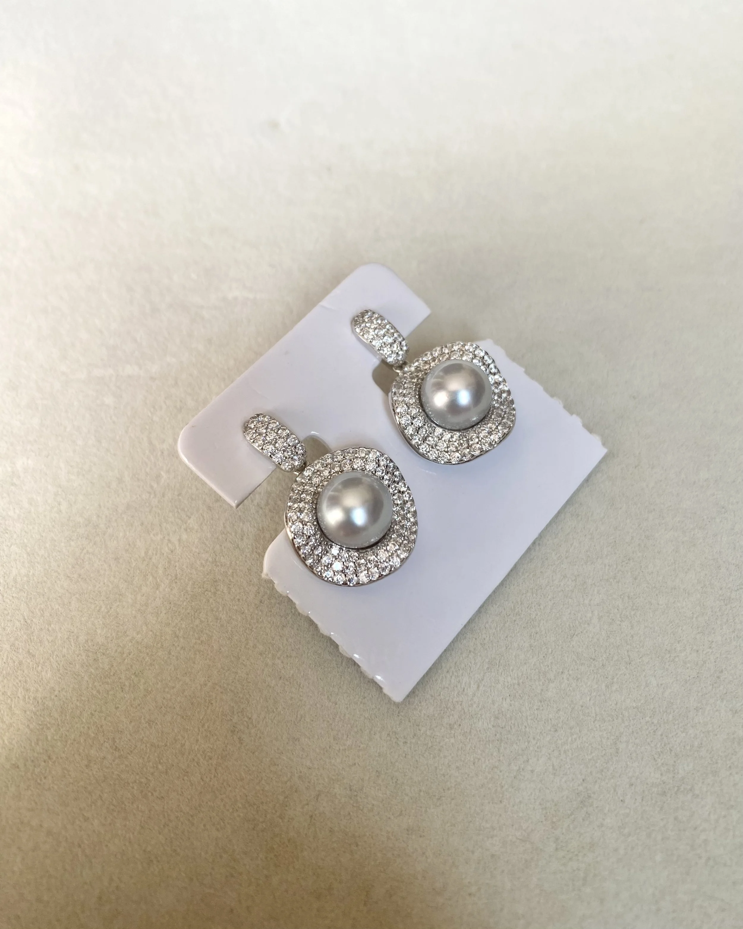 Luxury Pavé Natural Silver Grey Japanese Madama Akoya Pearl Drop Earrings 8.1mm, Japanese S925 Silver Double Halo, Exhibition Piece Starlit Pearls