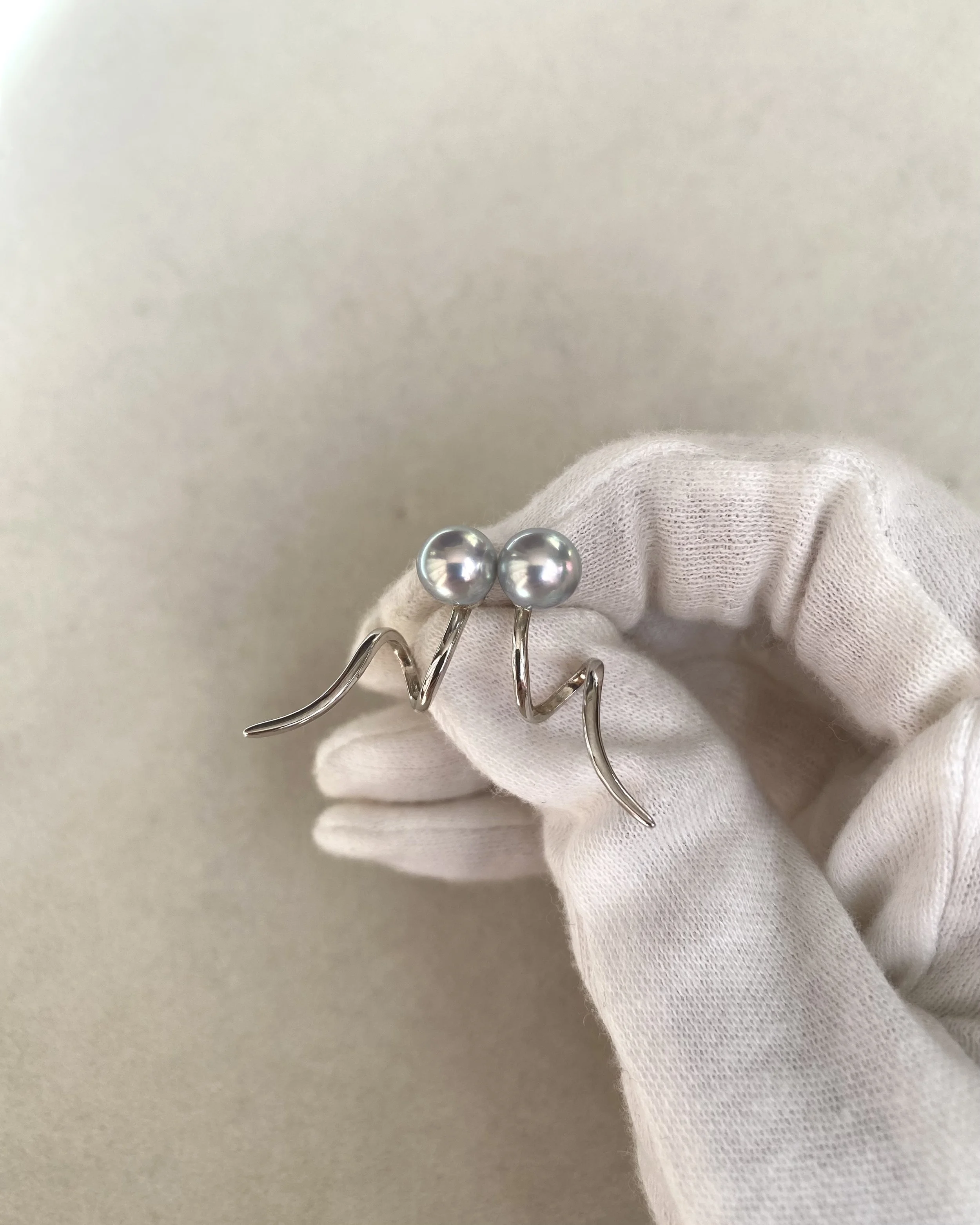 Natural Silver-Grey Blue Japanese Madama Akoya Pearl Earrings 7.1mm, Mirror Lustre, Sculptural Ribbon Wave S925 Design, Show Piece Starlit Pearls