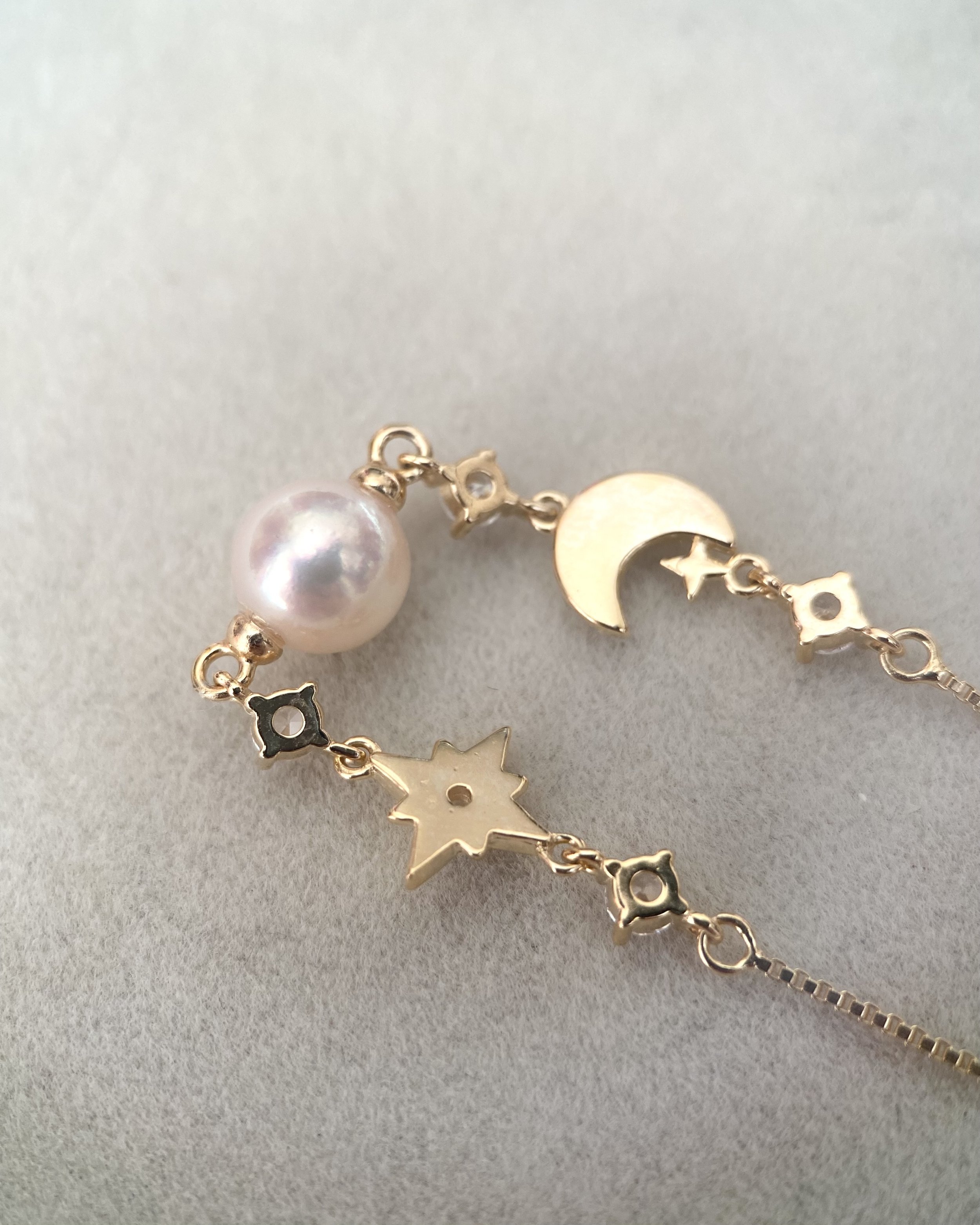White Japanese Akoya Pearl Celestial Bracelet 7.4mm, MOP Moon & North Star with CZ, S925 Silver Adjustable Box Chain, Show Piece Starlit Pearls