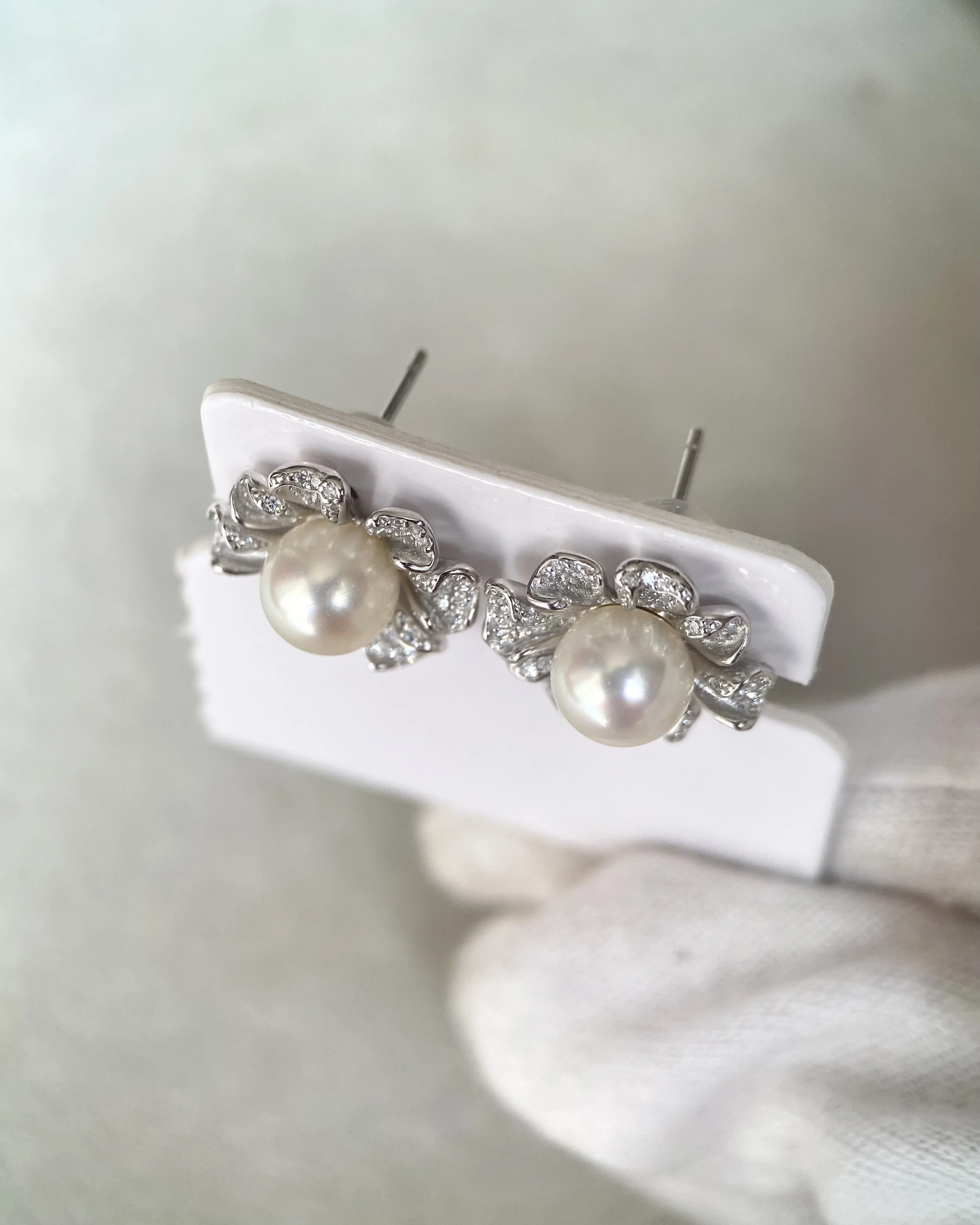 Japanese Crystal White Akoya Pearl Flower Stud Earrings 7-7.5mm, Soft Pink Overtone, Sculptural CZ Petals, S925 Silver, Show Piece Starlit Pearls