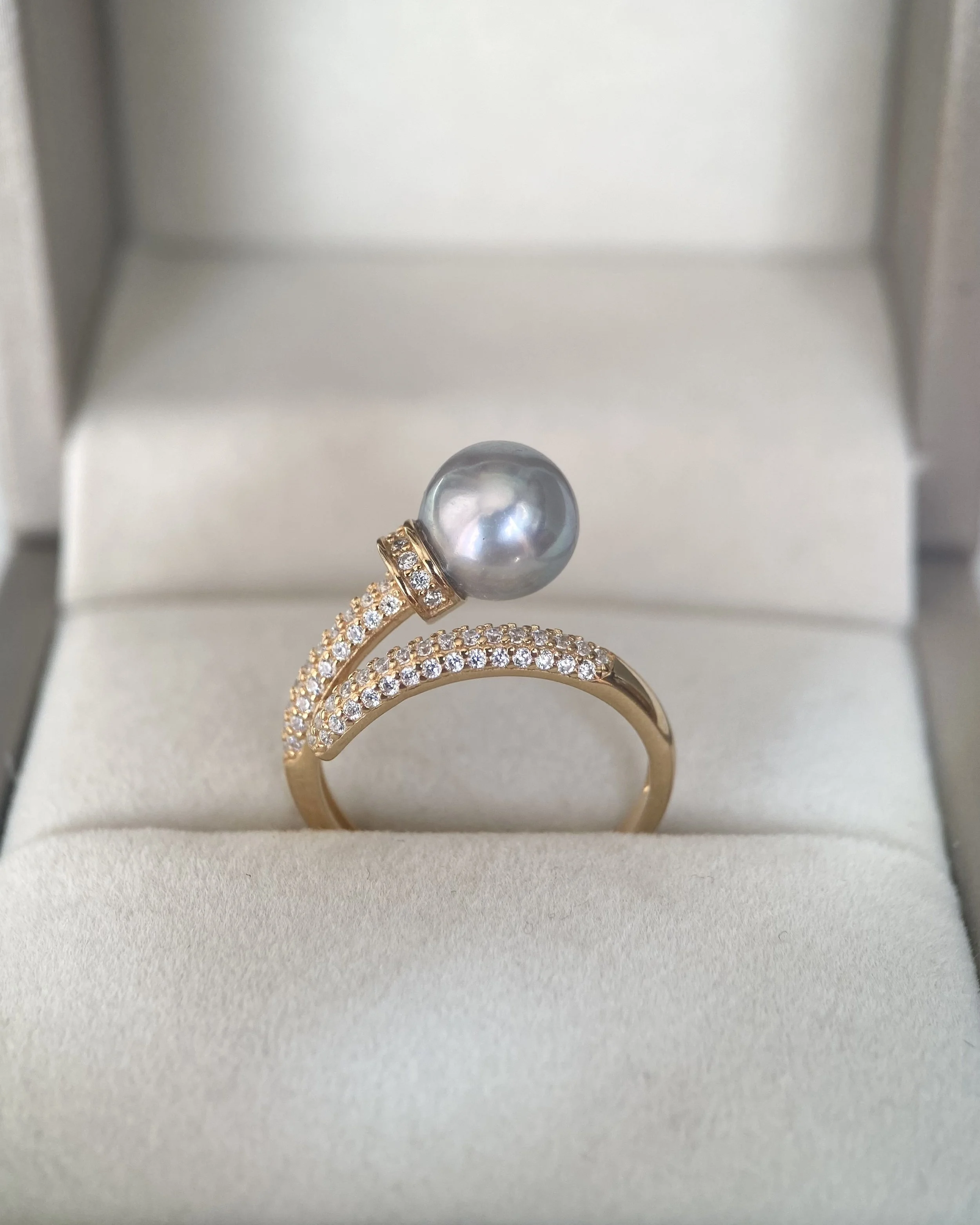 Premium 8.3mm Natural Silver-Grey Blue Japanese Madama Akoya Pearl Nail Ring, Mirror Lustre, S925 & Pavé CZ, Adjustable, Show Piece Starlit Pearls