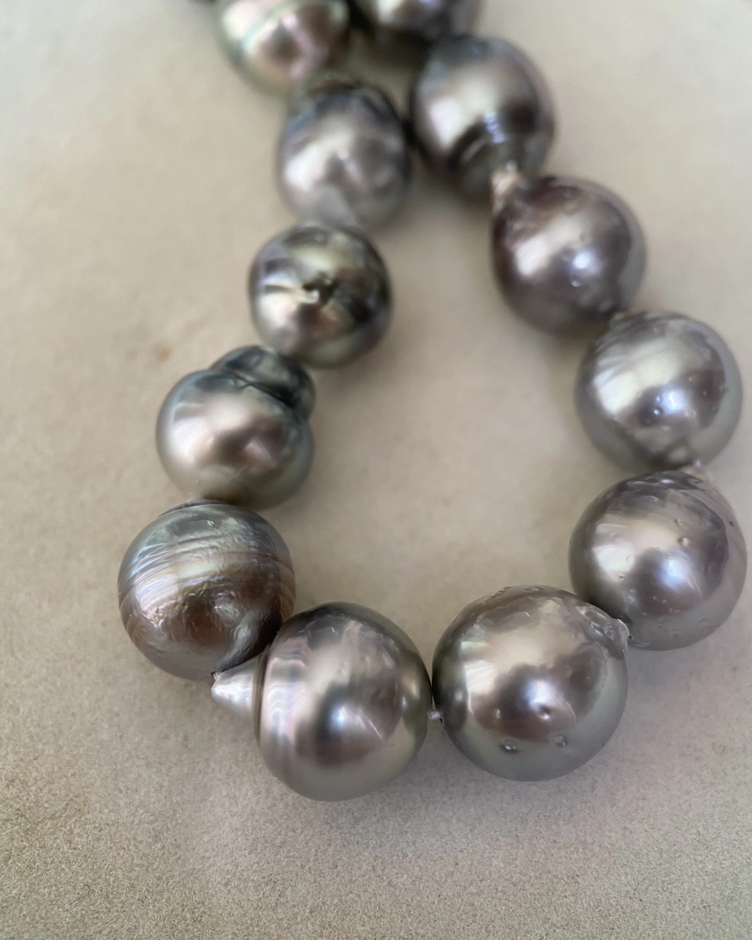 PSL Certified Tahitian South Sea Baroque Pearl Necklace 8–12mm, Platinum Grey w/ Iridescent Overtones, Geometric Patent Silver Clasp Starlit Pearls
