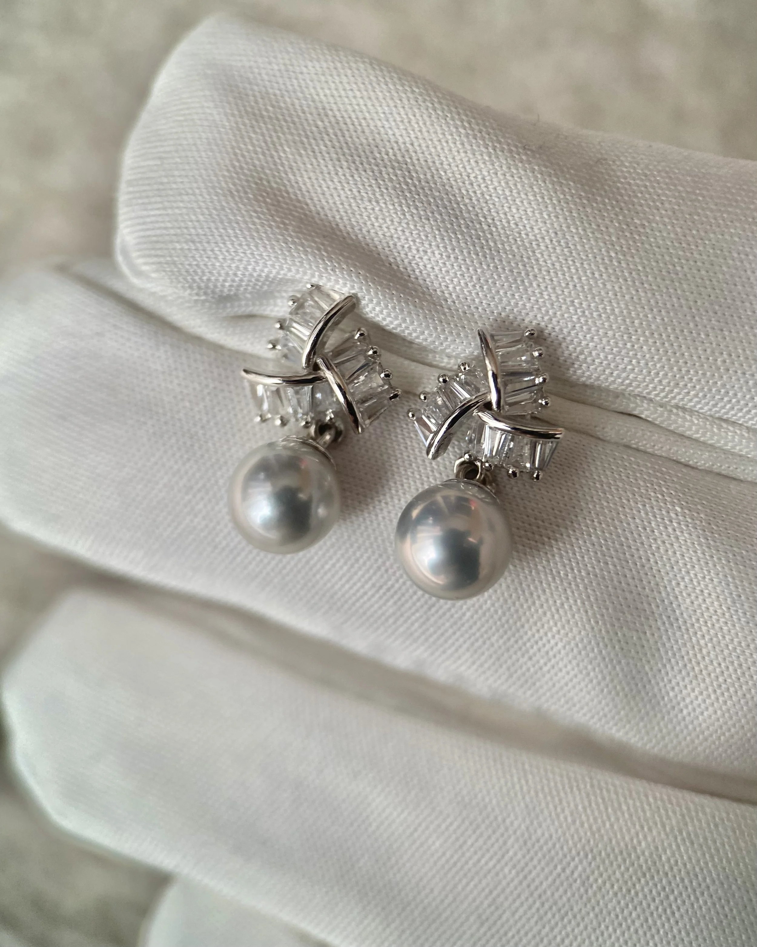 Japanese Madama Akoya Pearl Earrings 6.7mm, Cool-Toned Silver-Grey, Flawless, S925 Silver Ribbon Fan_Baguette CZ, Exhibition Piece