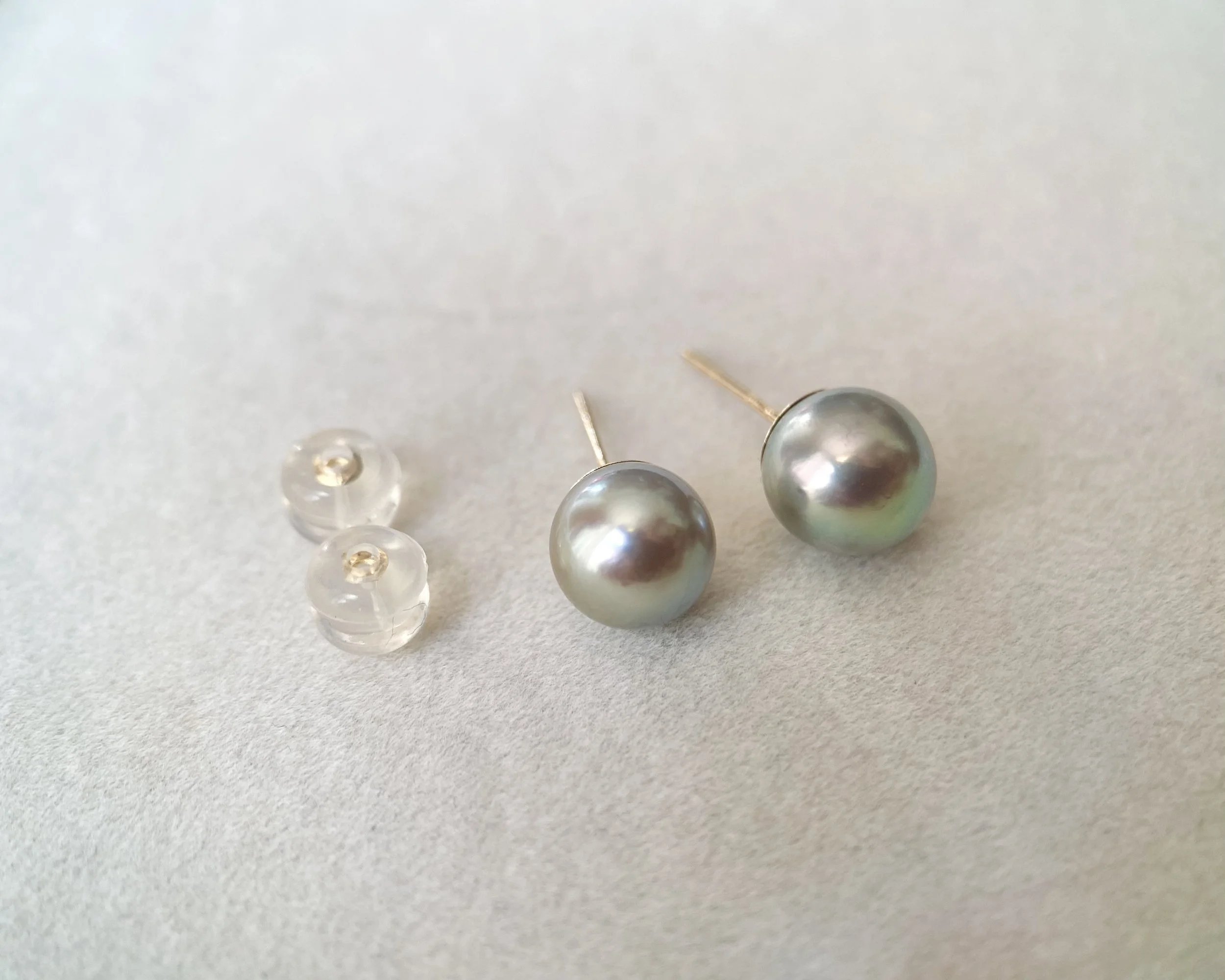8mm Silver Olive-Green Japanese Madama Akoya Pearl Stud Earrings, Metallic Lustre, Solid 18K Thick Posts & Full Gold Cap Setting Starlit Pearls