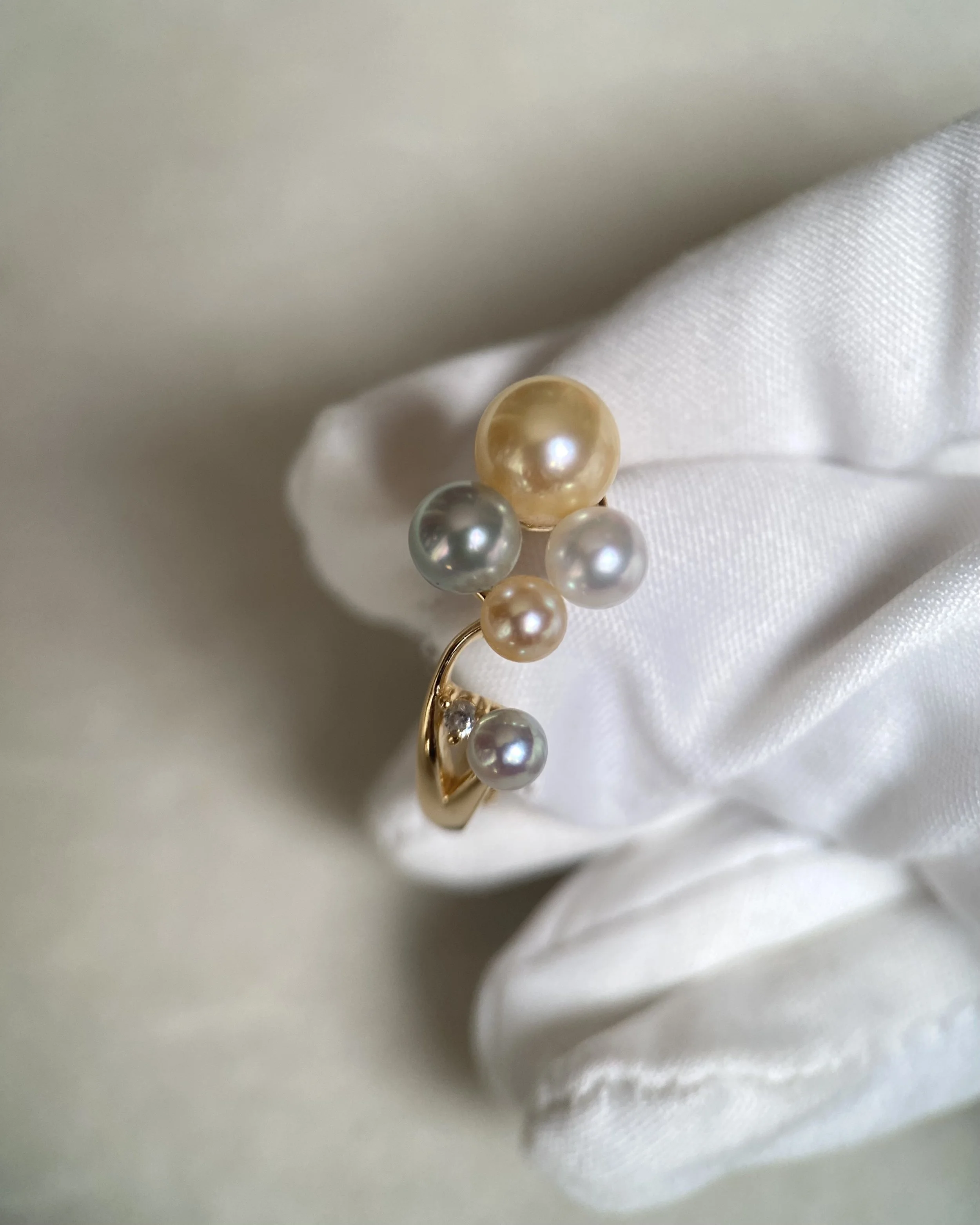 Rare Japanese Akoya Pearl Cluster Ring – Golden Dawn, Saiundama & Sairindama Pearls, Scattered Starlight Design, S925 Silver Band Starlit Pearls
