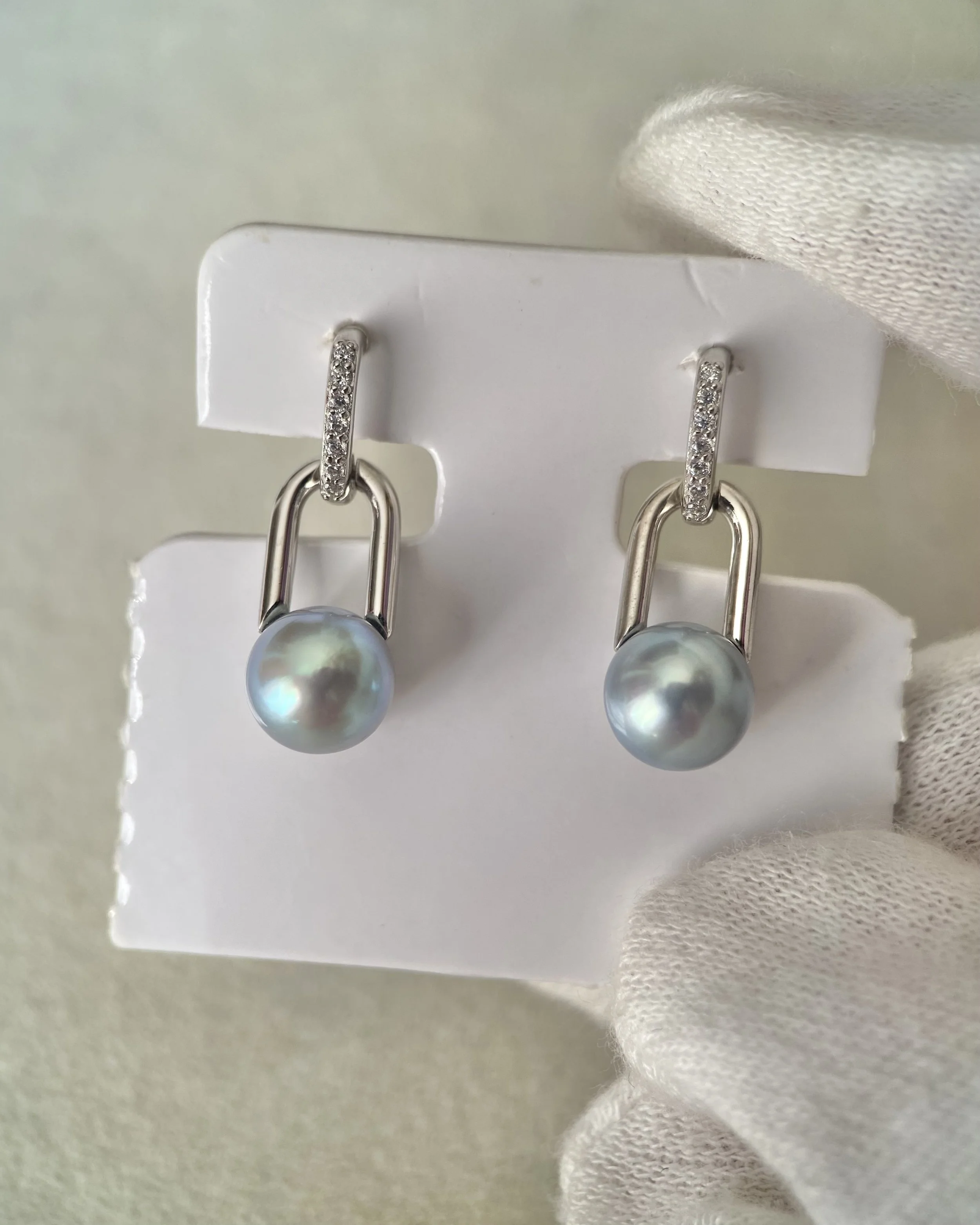 Natural Icy Blue Japanese Madama Akoya Pearl Link Drop Earrings 7.2–7.3mm, Pavé CZ Two-Part S925 Silver, Japan Jewellery Show Piece Starlit Pearls