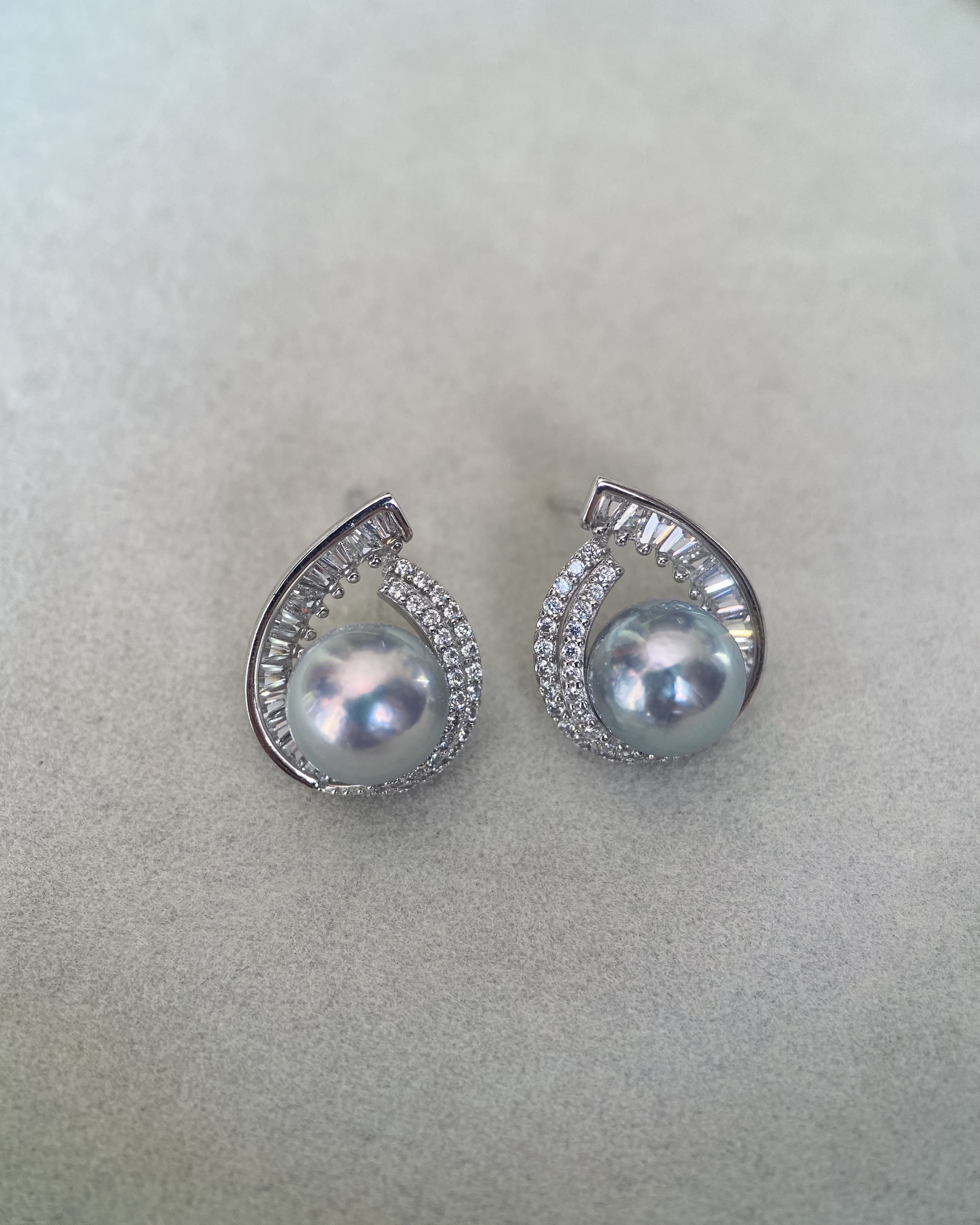 Japanese Silver Grey Madama Akoya Pearl Earrings 8–8.3mm, Iridescent Overtones, S925 Silver Teardrop Baguette Design, Exhibition Piece Starlit Pearls