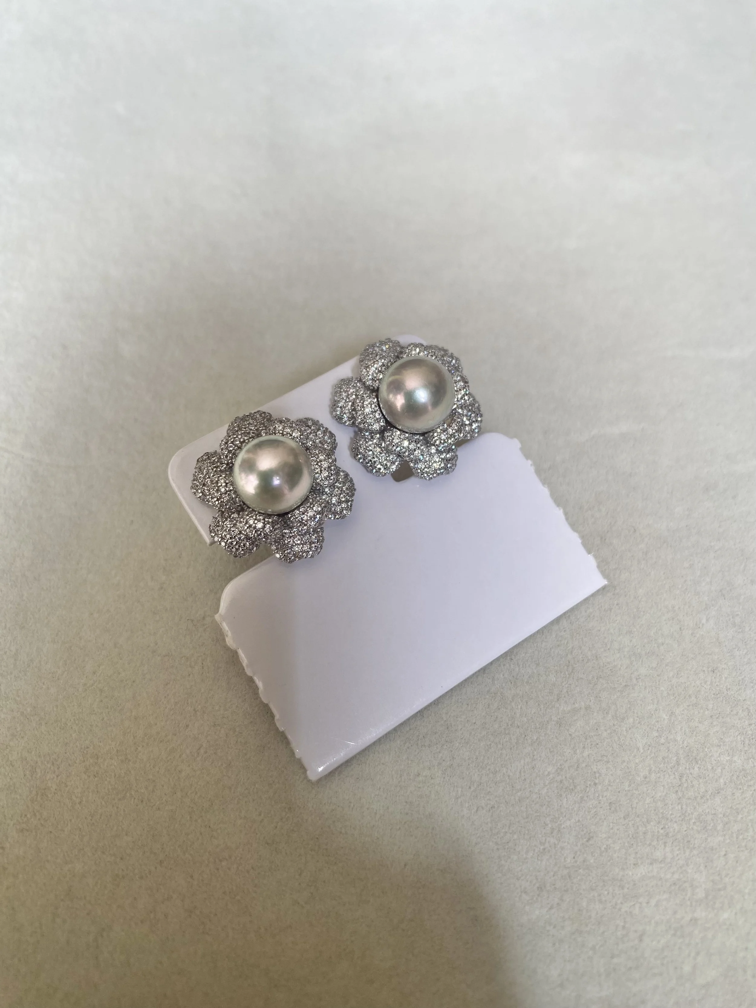 Luxury Gardenia Blossom_Japanese Silver-Grey Madama Akoya Pearl Stud Earrings 8.2mm, Double-Layer Pavé S925 Silver, Exhibition Piece Starlit Pearls