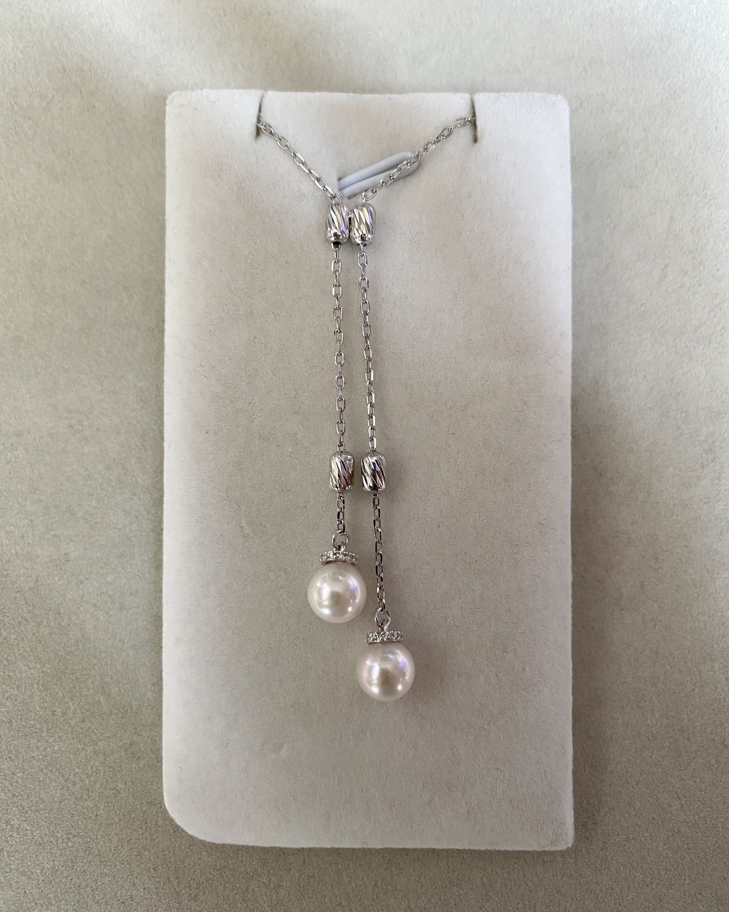 Original Japanese-Finished 6.5–7mm Classic White Akoya Pearl Y Necklace – S925 Silver Sparkling Textured Bead Chain, Double-Drop Design Starlit Pearls