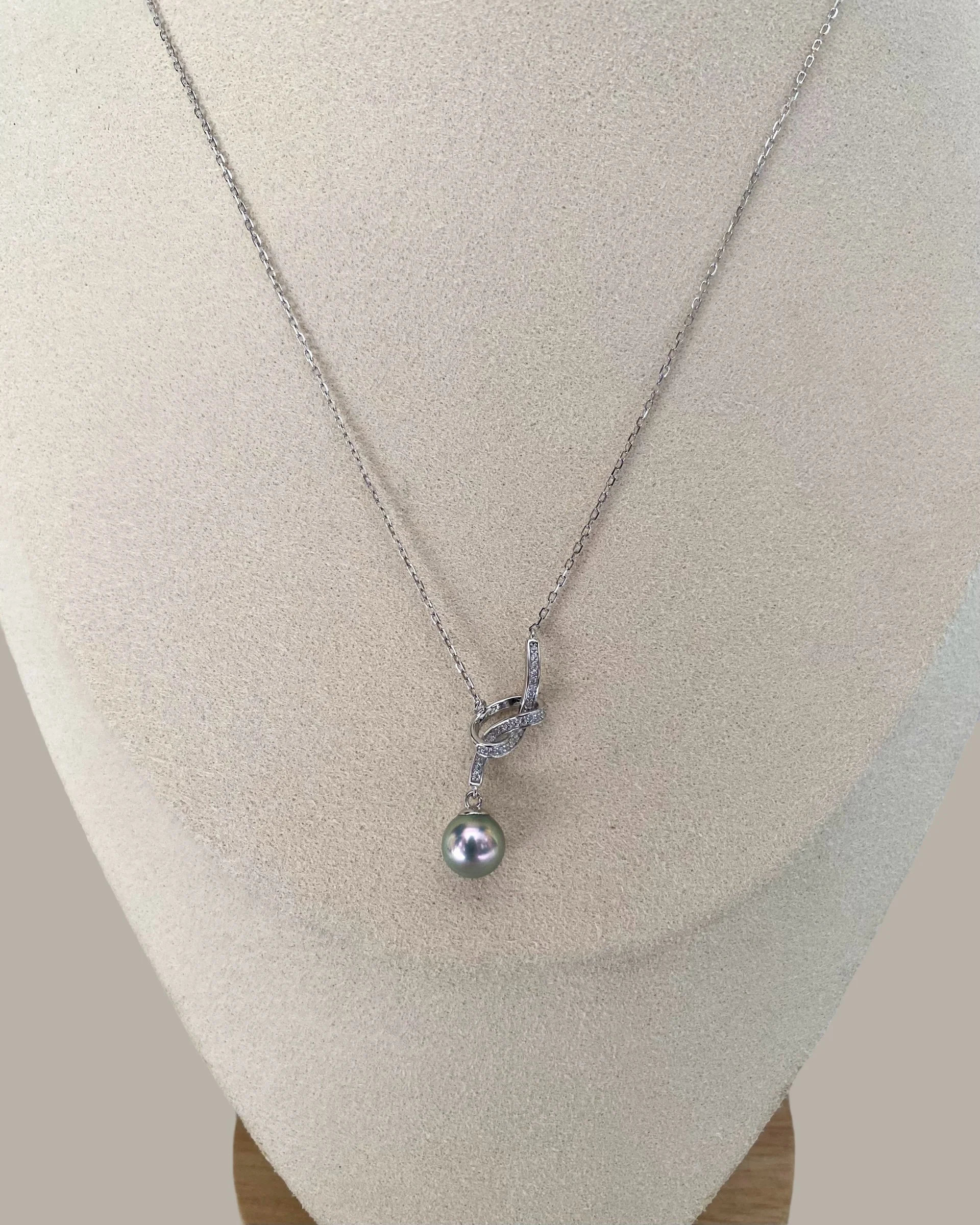Rare Silver-Peacock Green Madama Akoya Pearl Pendant Necklace, 7.9mm, Pink Overtone, S925 Silver & CZ Knot Design, Fully Finished in Japan Starlit Pearls