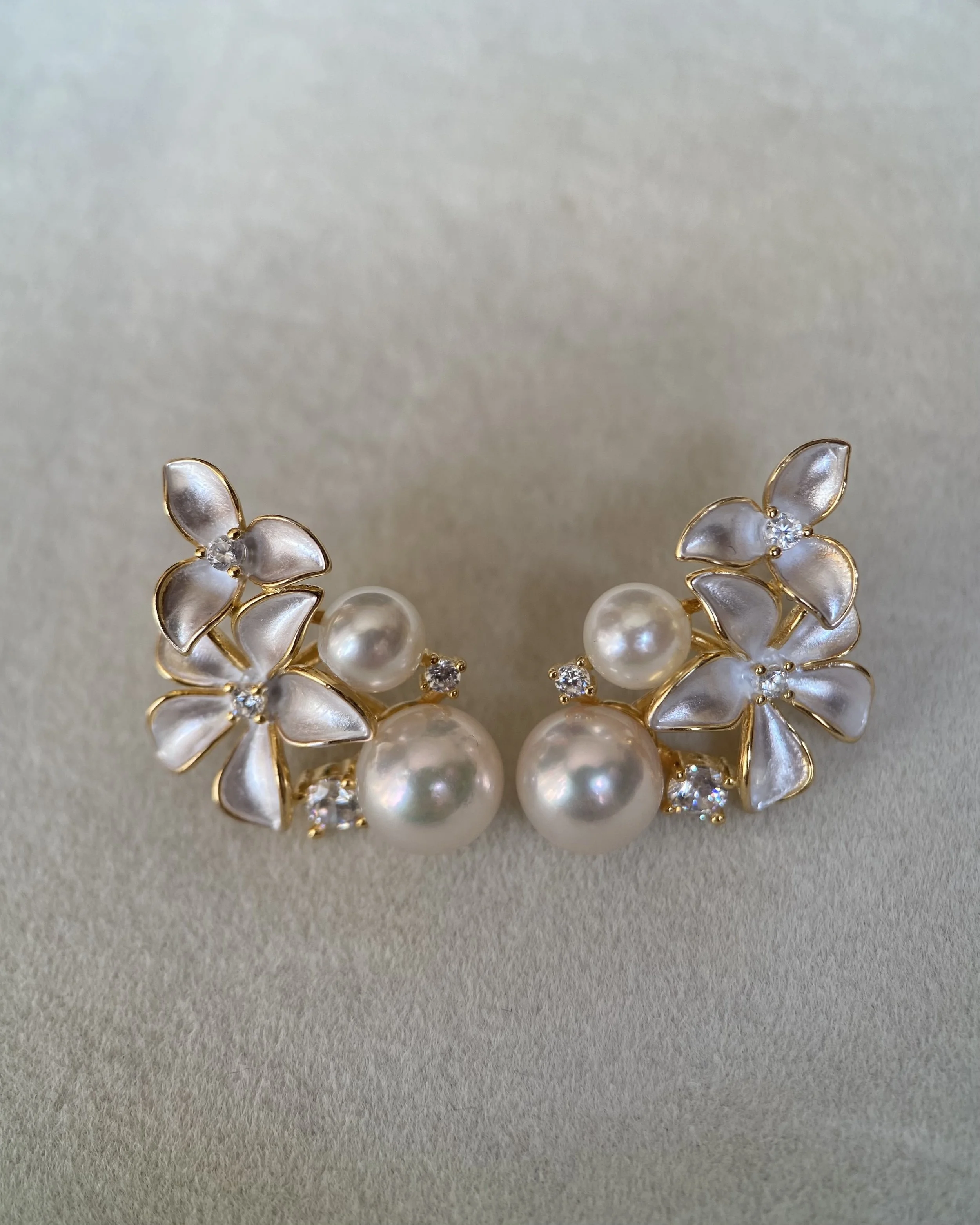 6A Japanese White Akoya Pearl Sculptural Floral Earrings, Aurora Sairindama, Satin Petal Design, S925 Silver & CZ, Exhibition Piece Starlit Pearls
