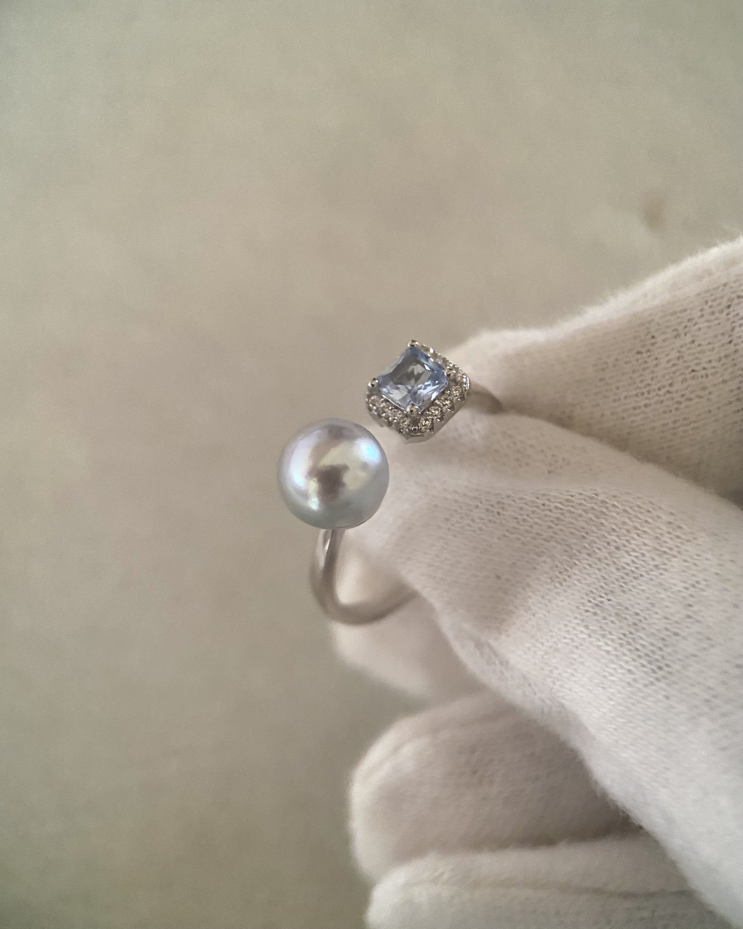 Premium Japanese Silver-Grey Blue Madama Akoya Pearl Open Ring 7.5mm, Ice-Blue Princess-Cut CZ, Adjustable S925, Exhibition Piece Starlit Pearls