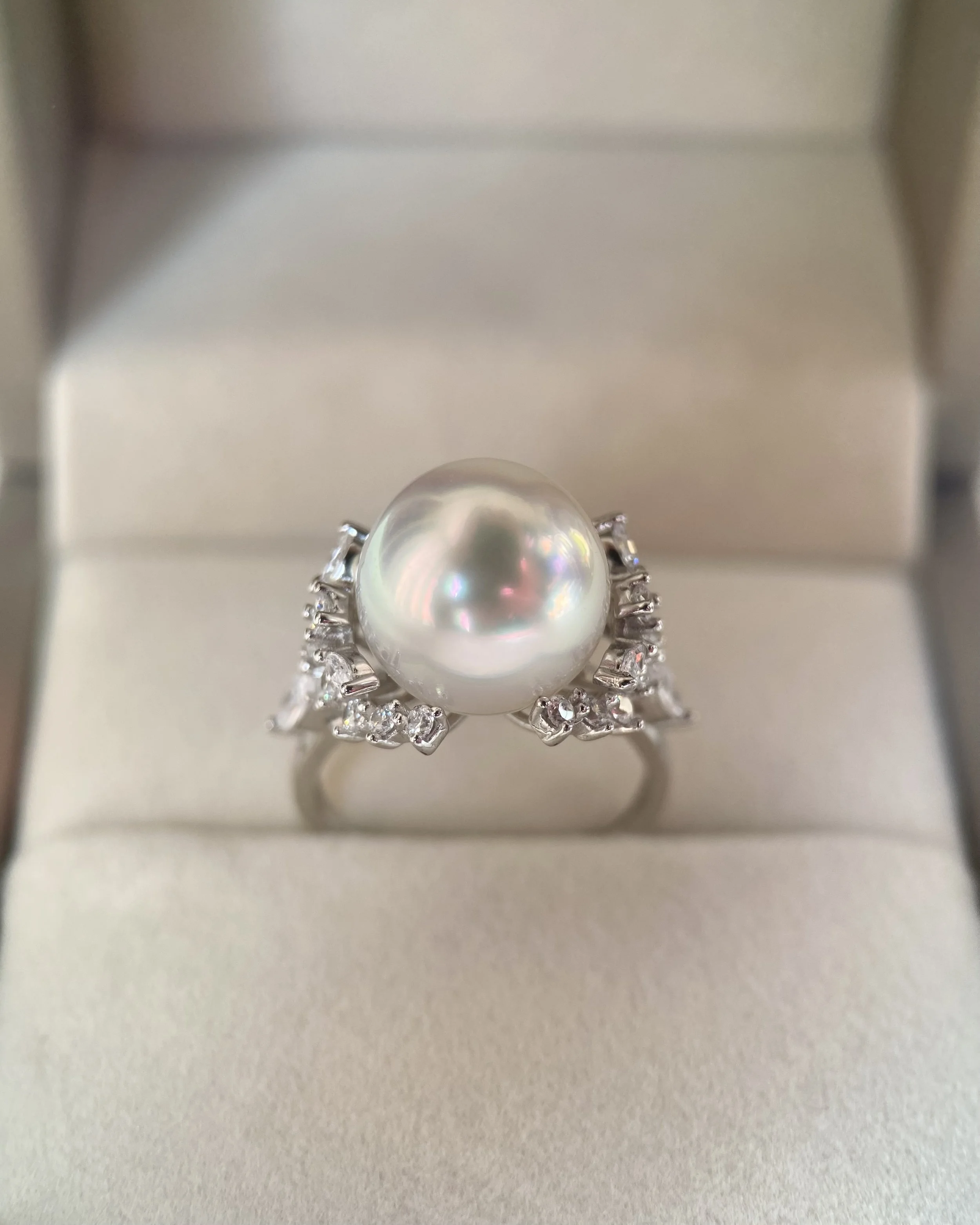 Regal 11.5-12mm Aurora Ice White Australian South Sea Pearl Ring, Satin Lustre, S925 Silver Floral Crown Setting_CZ Brilliance Starlit Pearls