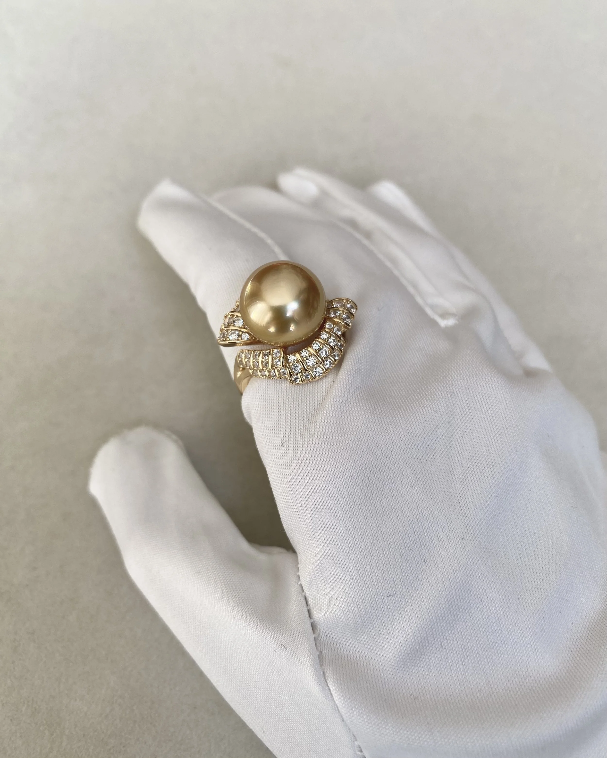 Large 13.2mm Golden South Sea Pearl Ring, Deep Rich Gold Tone, Sculptural Ribbon Pavé-Set S925 Sterling Silver Adjustable Band Starlit Pearls