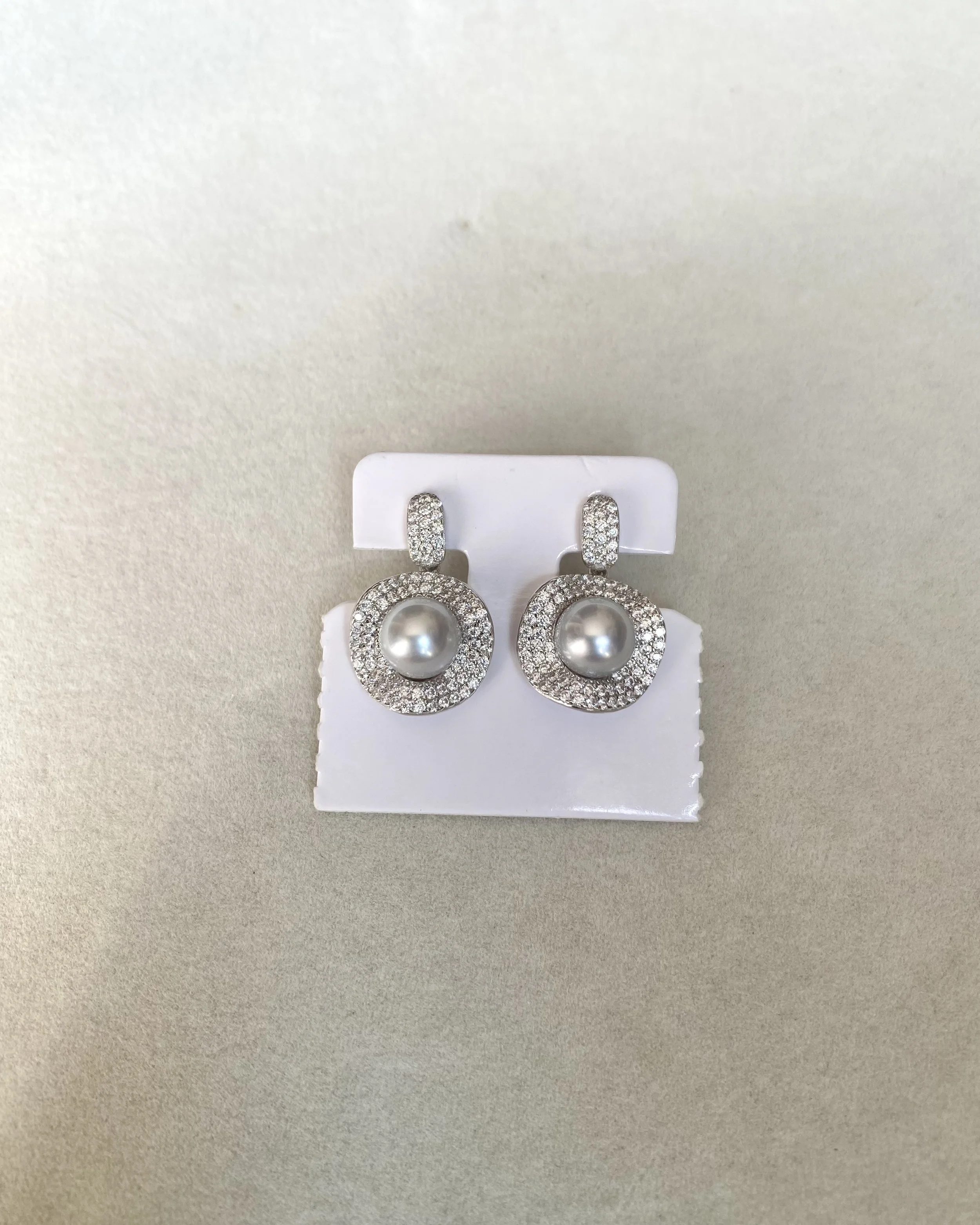 Luxury Pavé Natural Silver Grey Japanese Madama Akoya Pearl Drop Earrings 8.1mm, Japanese S925 Silver Double Halo, Exhibition Piece Starlit Pearls