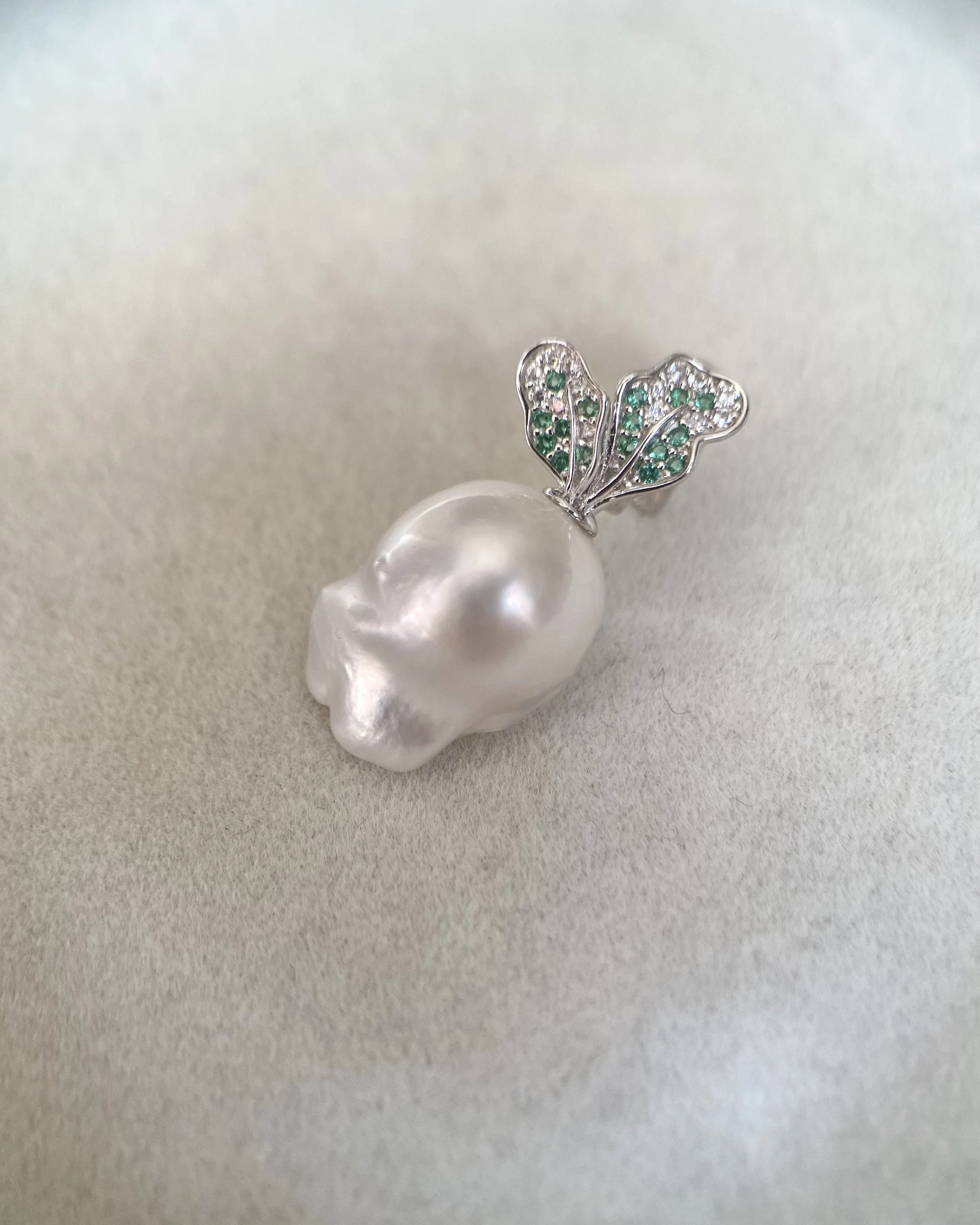 Rare 16mm Australian White South Sea Baroque Pearl Radish Pendant, Sculptural Botanical Design, Japanese S925 Silver CZ Hinged Bail Starlit Pearls