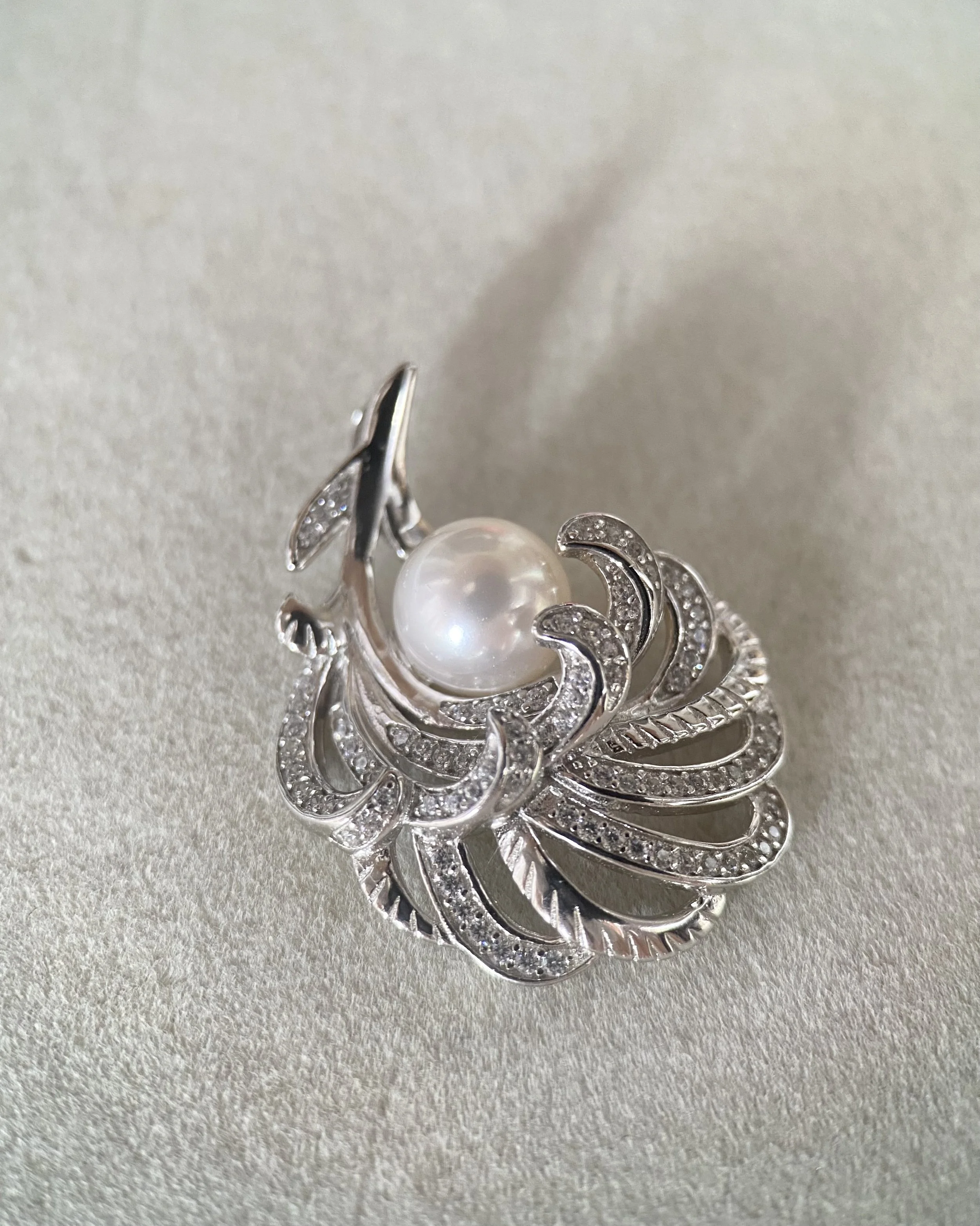 Top Quality Crystal White Japanese Akoya Pearl Pendant 8mm, Sculptural Layered Feather S925 Silver & CZ Design, Exhibition Piece Starlit Pearls