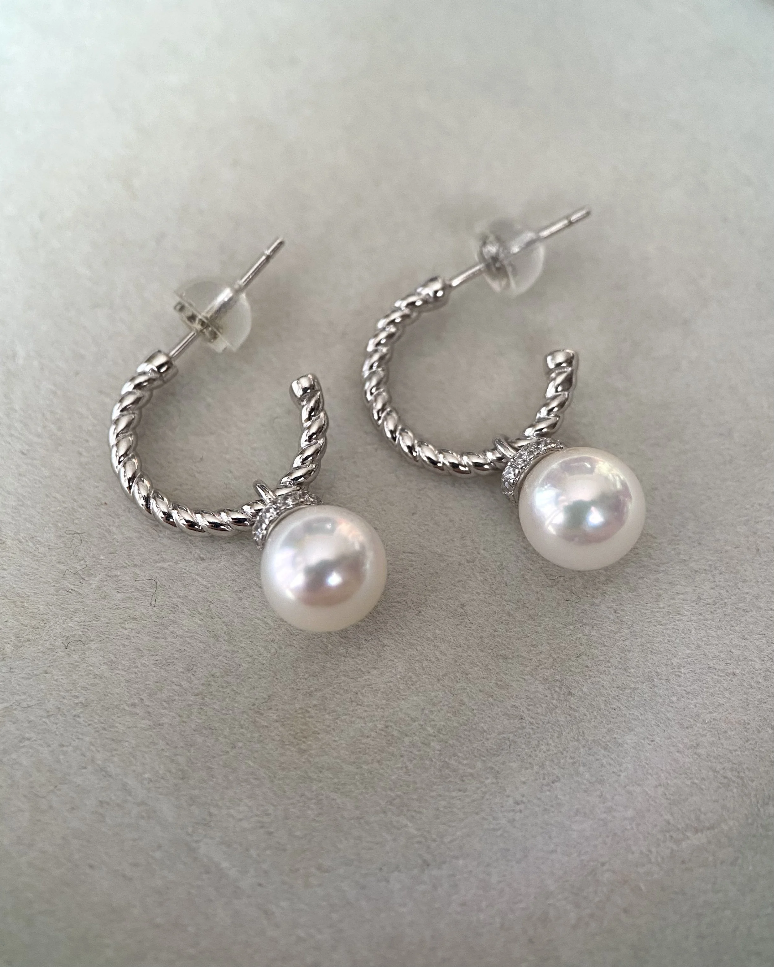 2-in-1 Convertible Top Gr. “Specially Selected” Japanese Crystal White Akoya Pearl Earrings 8mm, S925 Silver Rope-Twist Hoops/Pendant Starlit Pearls
