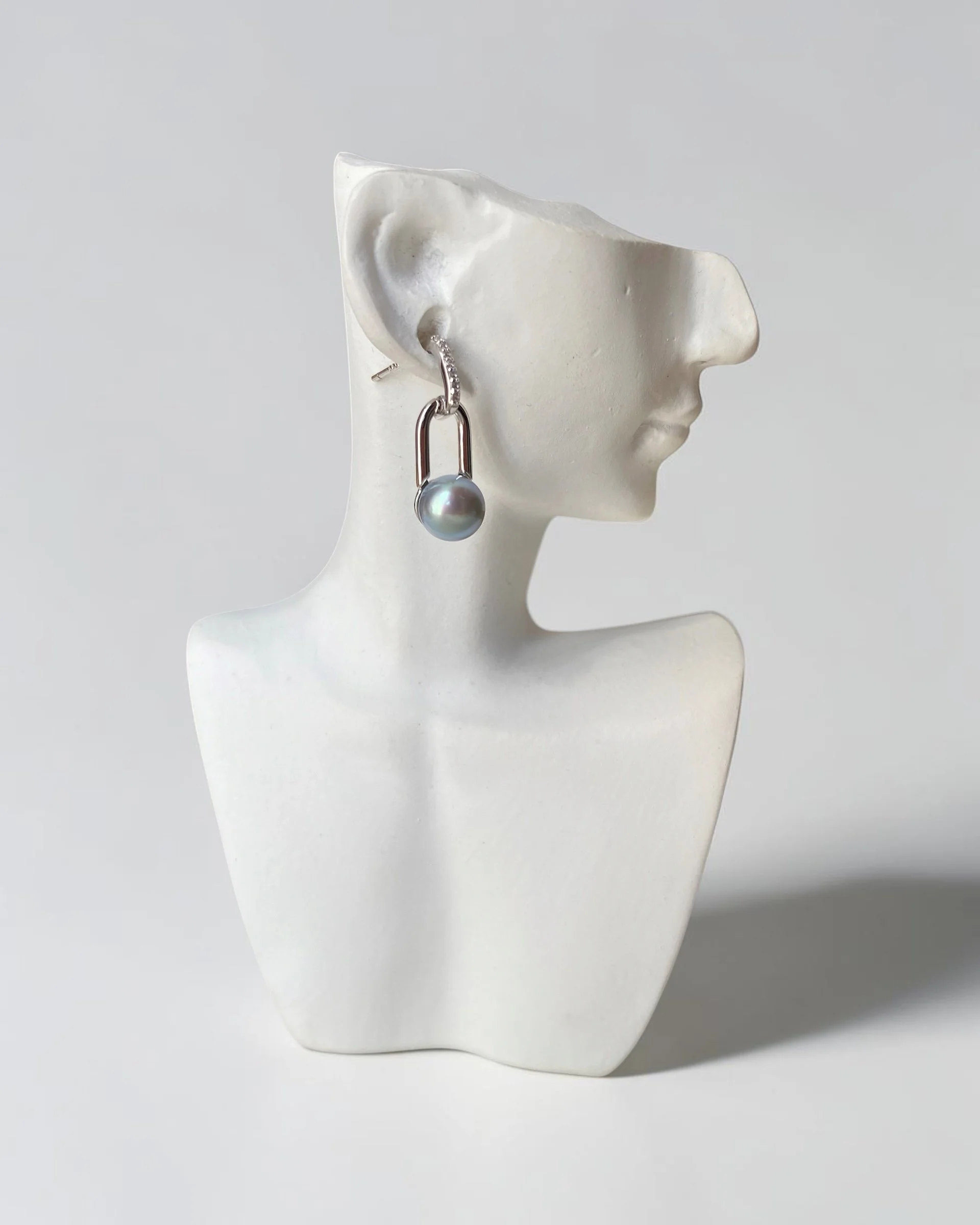 Natural Icy Blue Japanese Madama Akoya Pearl Link Drop Earrings 7.2–7.3mm, Pavé CZ Two-Part S925 Silver, Japan Jewellery Show Piece Starlit Pearls