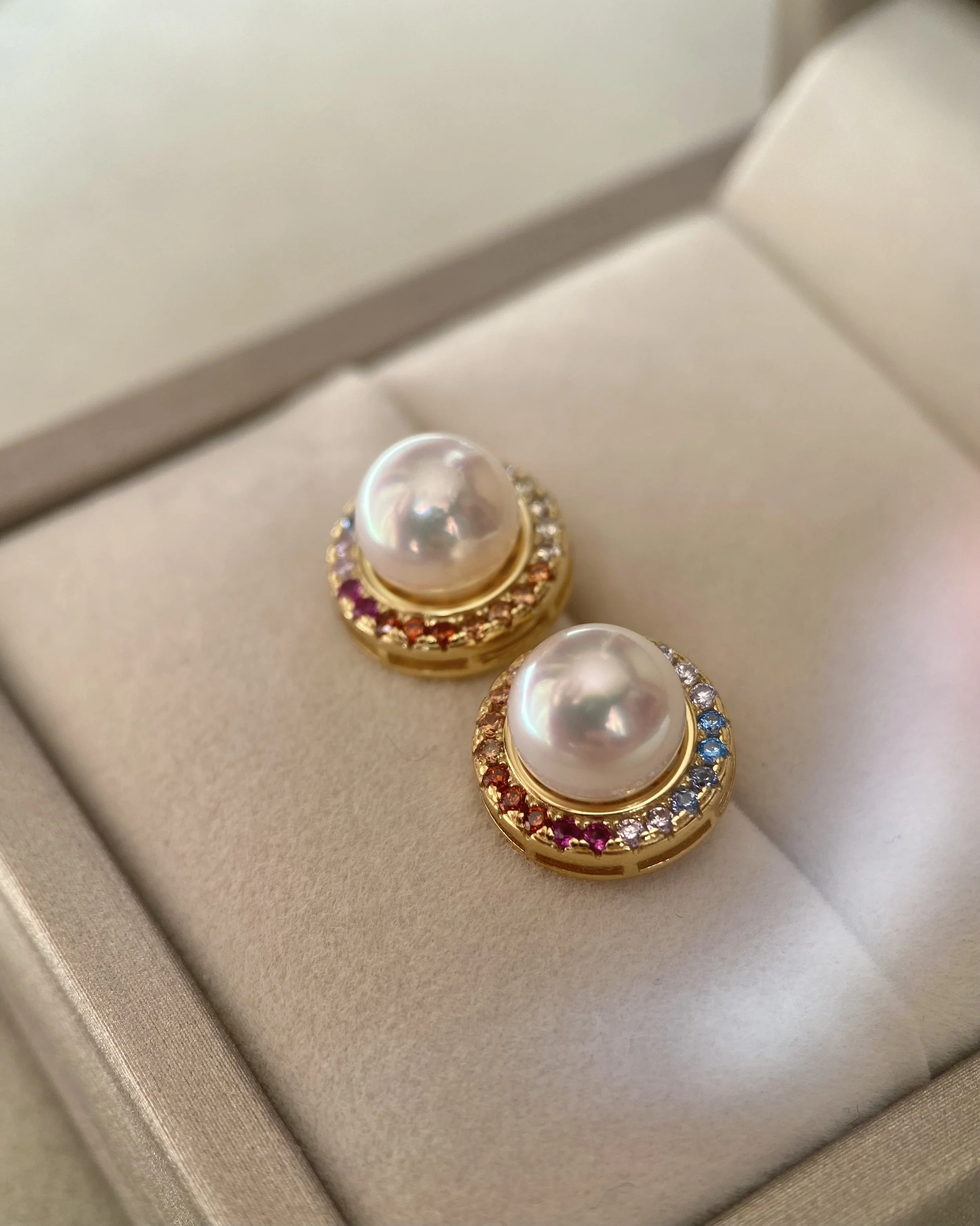 Rare Padparadscha_Japanese Akoya Pearl Earrings, 8mm Tennyo, White-Rose Overtone, S925 Bezel-Set with Rainbow Sapphire Halo, Showpiece Starlit Pearls