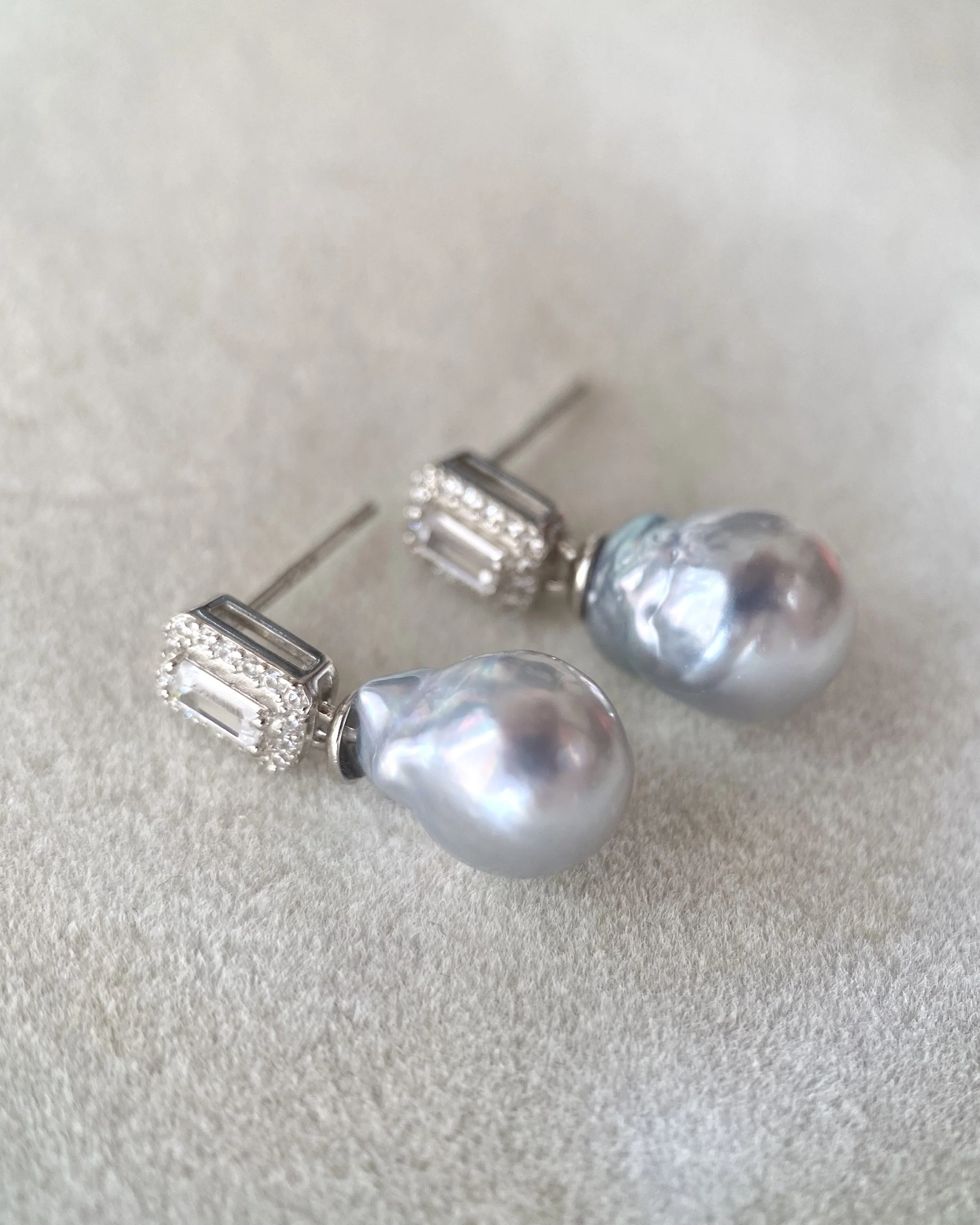 Rare Silver Australian South Sea Baroque Pearl Drop Earrings 11mm, Cool Icy Silver Lustre, S925 Silver Baguette CZ Design, Show Piece Starlit Pearls