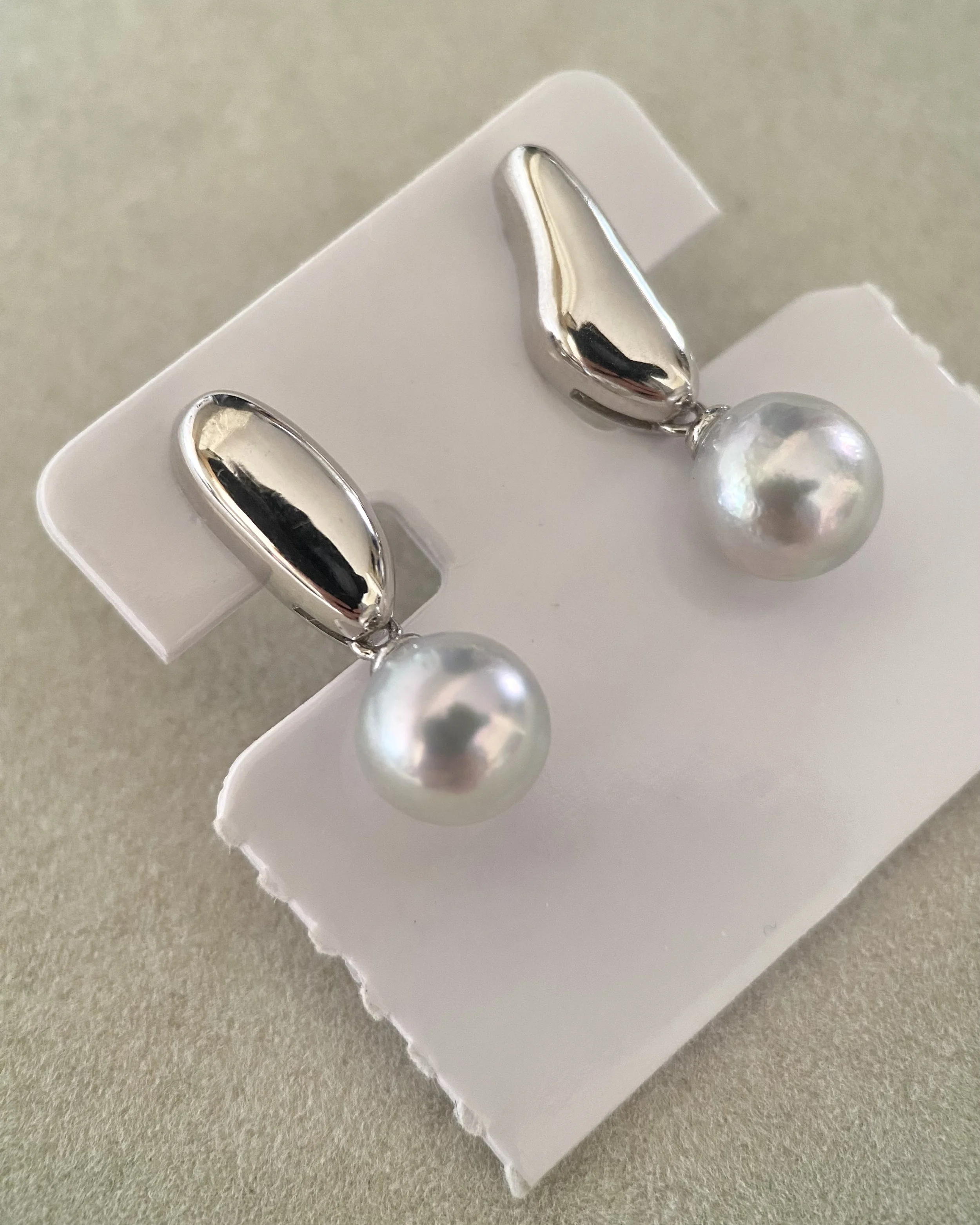 Natural Silver-Grey Japanese Madama Akoya Pearl Earrings 8.3mm, Metallic Lustre, Minimalist S925 Silver Teardrop Design, Show Piece Starlit Pearls